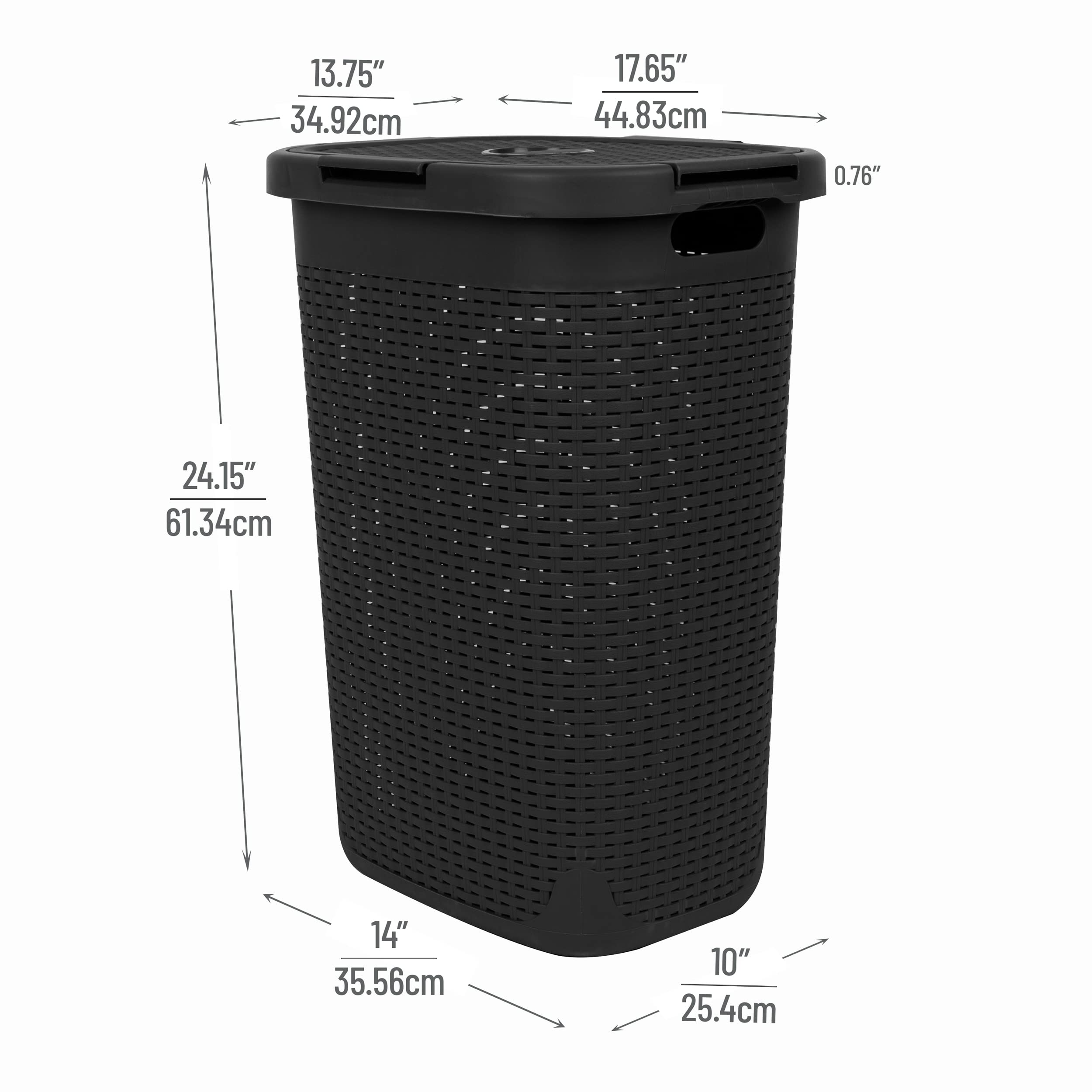 Mind Reader 60L Slim Laundry Hamper, Clothes Basket, Lid, Wicker Design, Plastic, 17.65''L X 13.75''W X 24.15''H, Black
