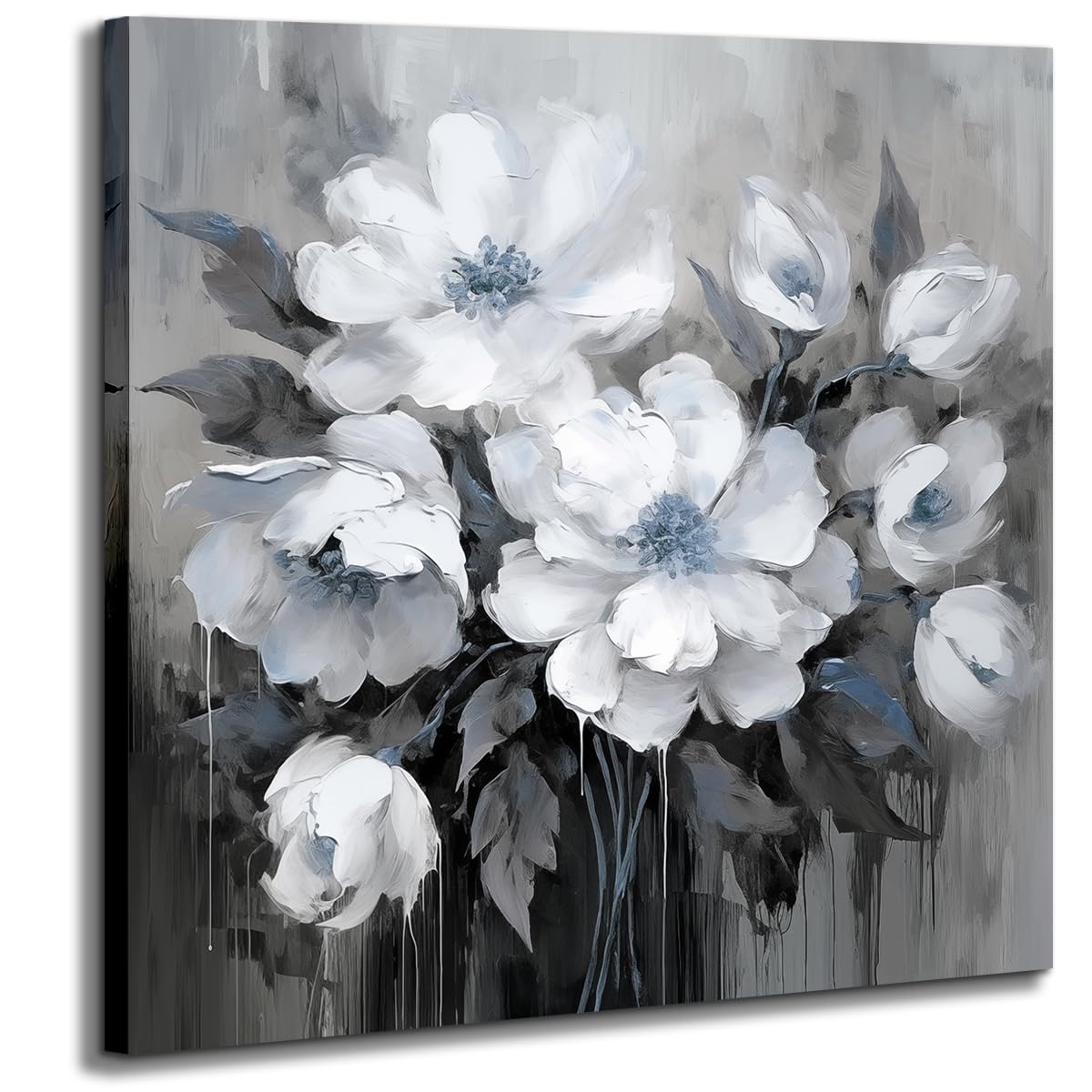 Anzhongart Bathroom Wall Art,Flower Wall Art,Canvas Wall Art,Small Wall Art Gray And White And Blue Flower Wall Art-Floral Canva