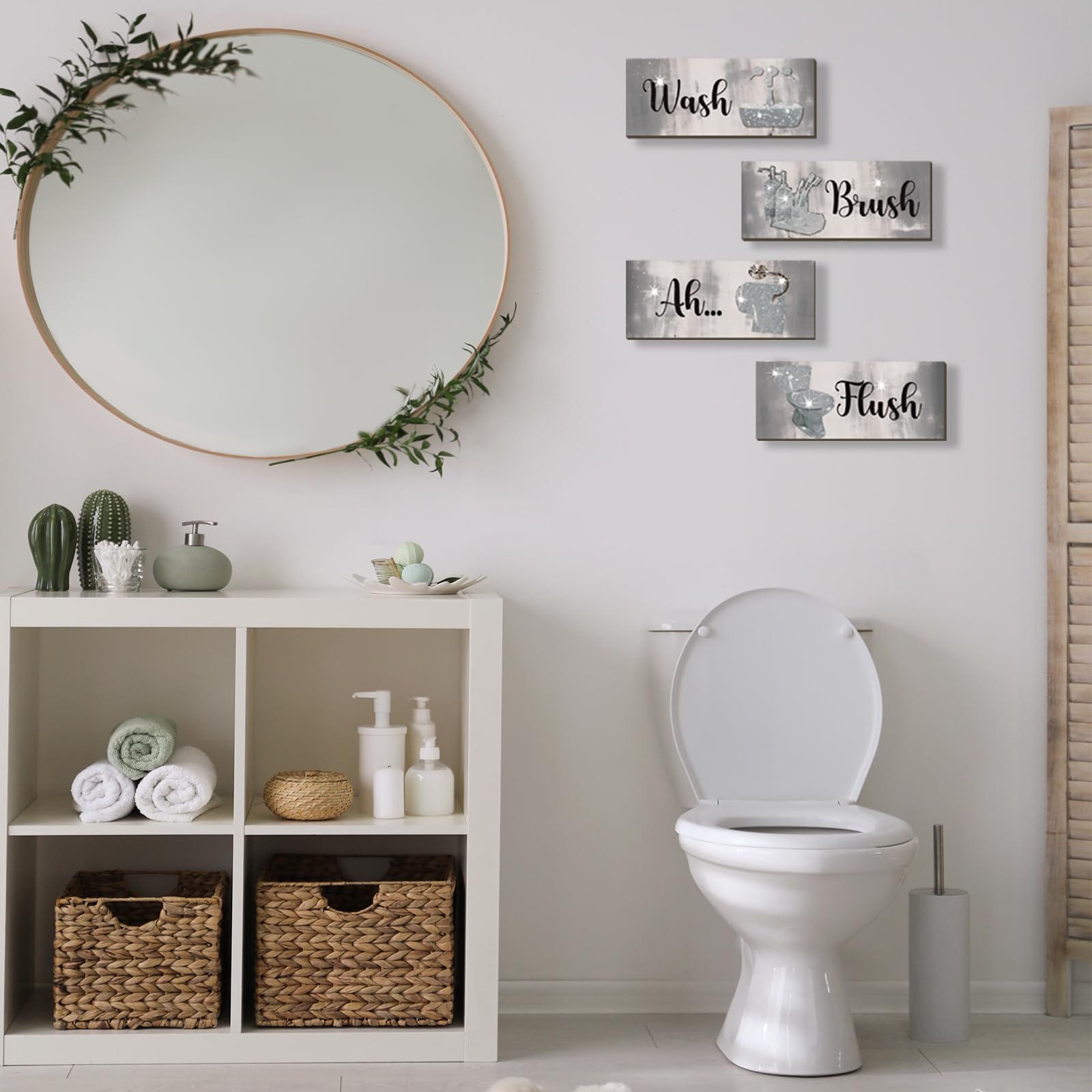 FENCORDAR 4 Pcs Silver Bathroom Decor Abstract Grey Black White Wall Decor Wooden Silver Bathroom Accessories Modern Funny Glitt