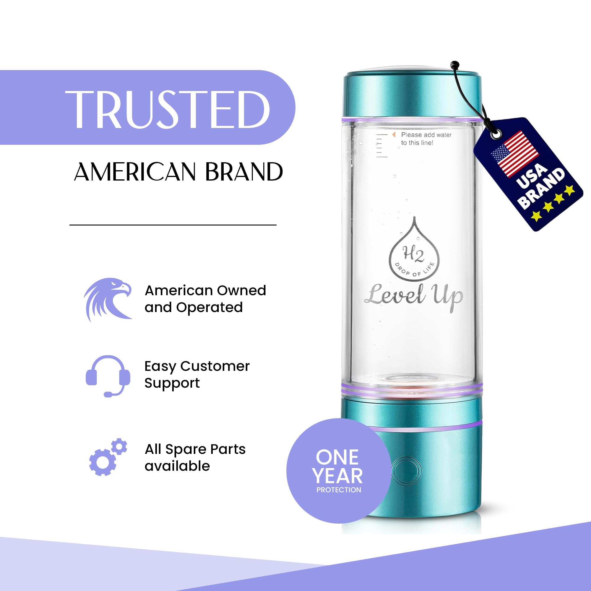 Level Up Way Hydrogen Water Bottle Generator – 2500 PPB H2 – Dual Chamber SPE PEM Technology – Blue