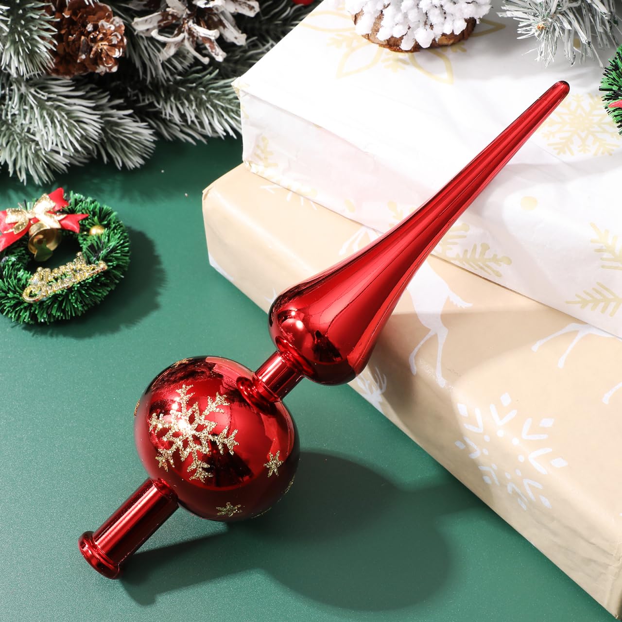 NUOBESTY Red Christmas Tree Topper Glass Finial Tree Topper Small Blown Glass Xmas Finials Vintage Hand- Painted Treetop Christm