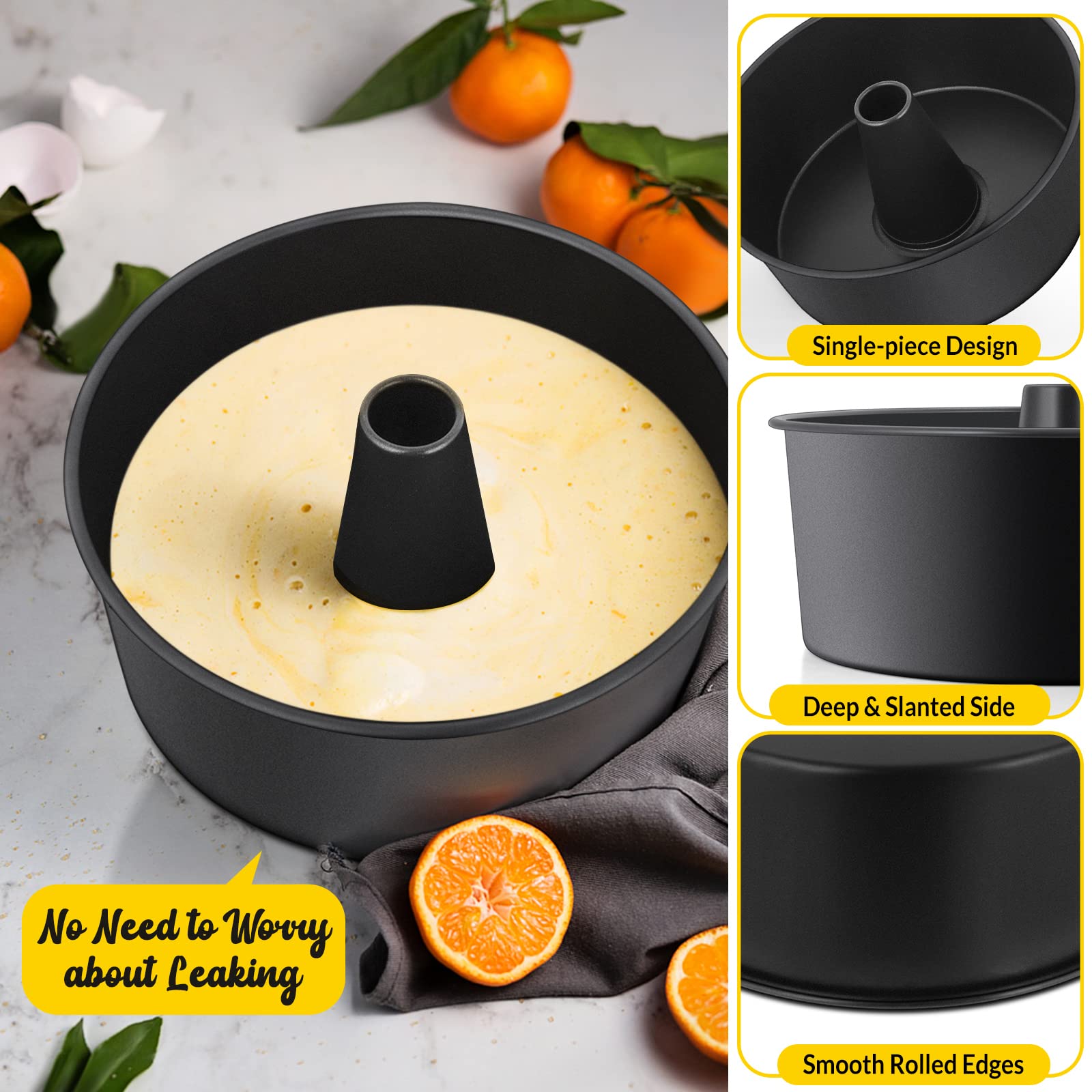 E-Far Angel Food Cake Pan Set Of 2, 10-Inch Non-Stick Tube Pan For Baking Pound Chiffon Cake, One-Piece Design, Easy Release & C