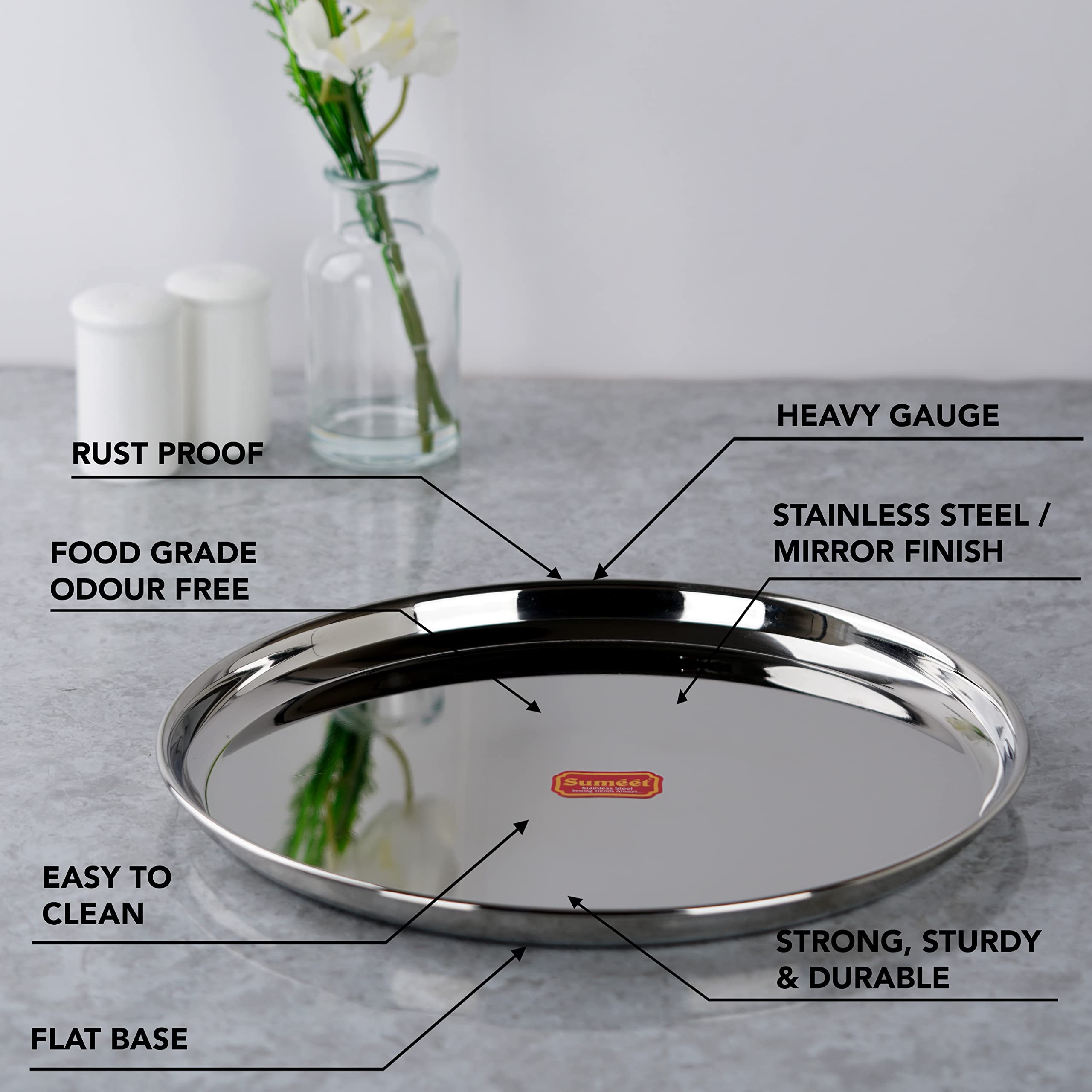 Sumeet Stainless-Steel Heavy Gauge Dinner Plates with Mirror Finish-32.3cm Dia, Set of 2pc, Silver