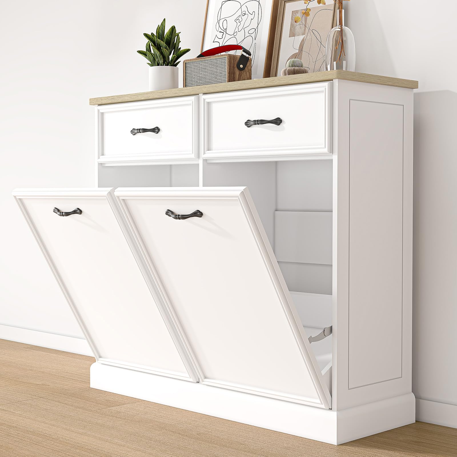 GarveeHome Double Tilt Out Trash Cabinet, Hidden Trash Storage Cabinet 20 gal, Freestanding White Garbage Can Cabinet for Kitche