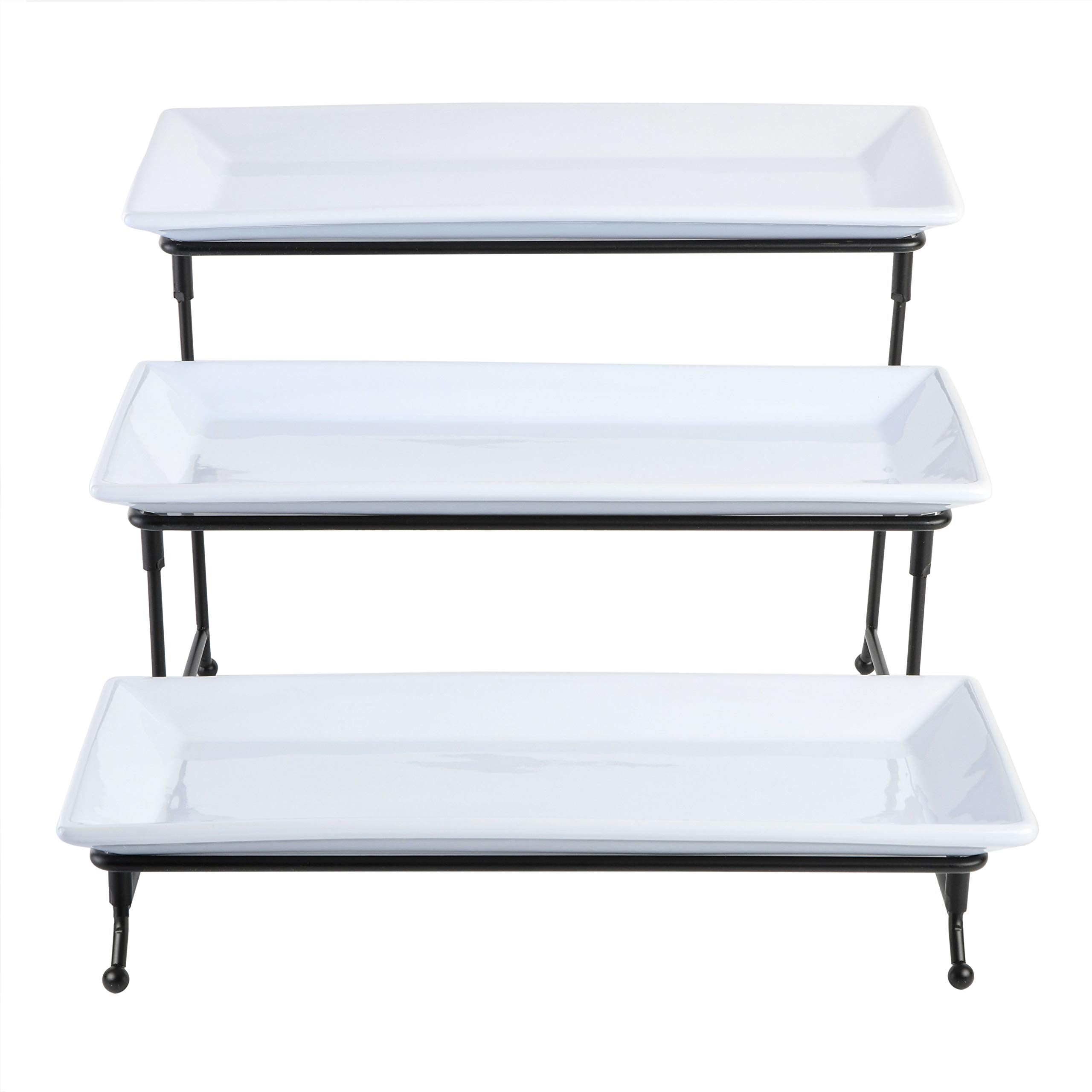 Gibson Home Gracious Dining Dinnerware, 3-Tier Rectangle Plate Set With Metal Stand, White