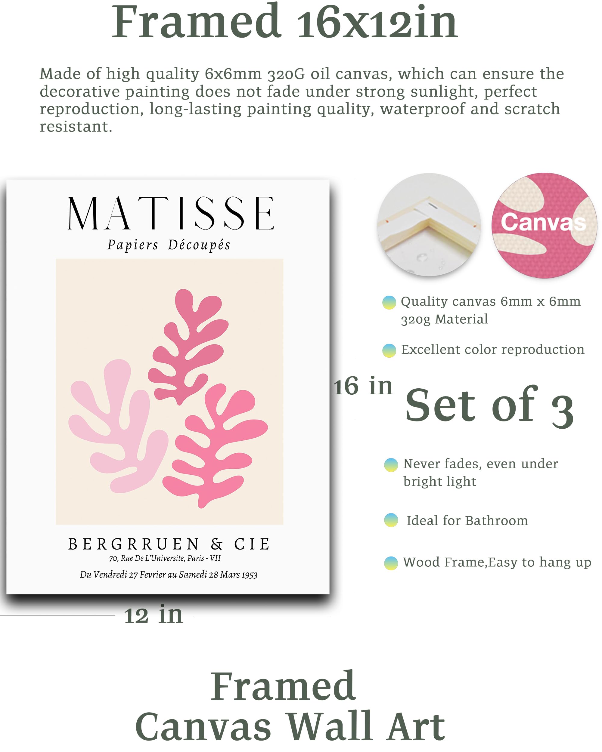 Framed Matisse Pink Wall Art Set Of 3,Minimalist Canvas Wall Decor,Truly Quality Canvas Prints For 12X16In,Art Poster Decoration