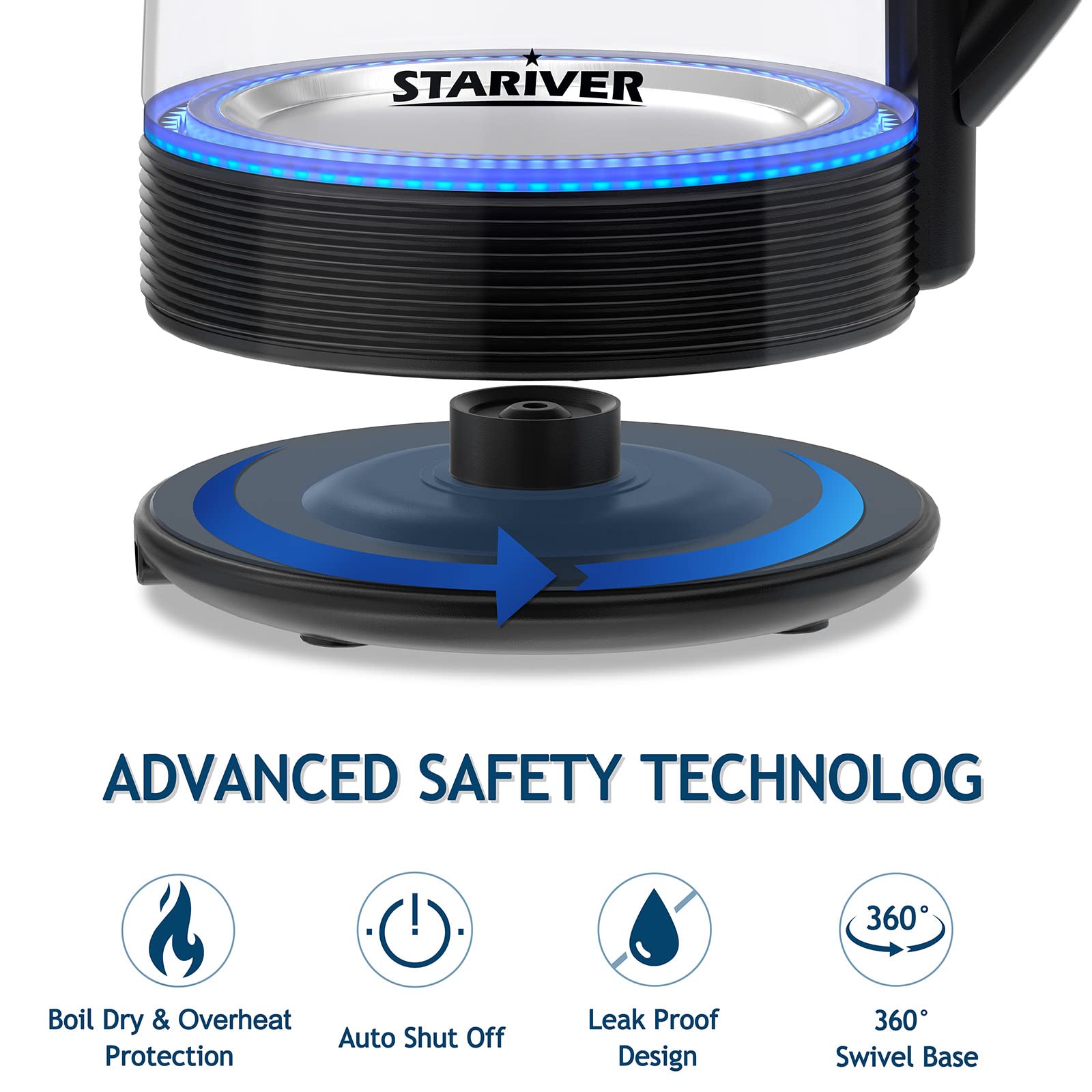 Stariver Electric Kettle  2L Electric Tea Kettle  BPA-Free Glass Kettle with LED  Hot Water Kettle with Fast Boil  Auto Shut-Off & Boil-Dry Protection  Stainless Steel Inner Lid & Bottom  Black