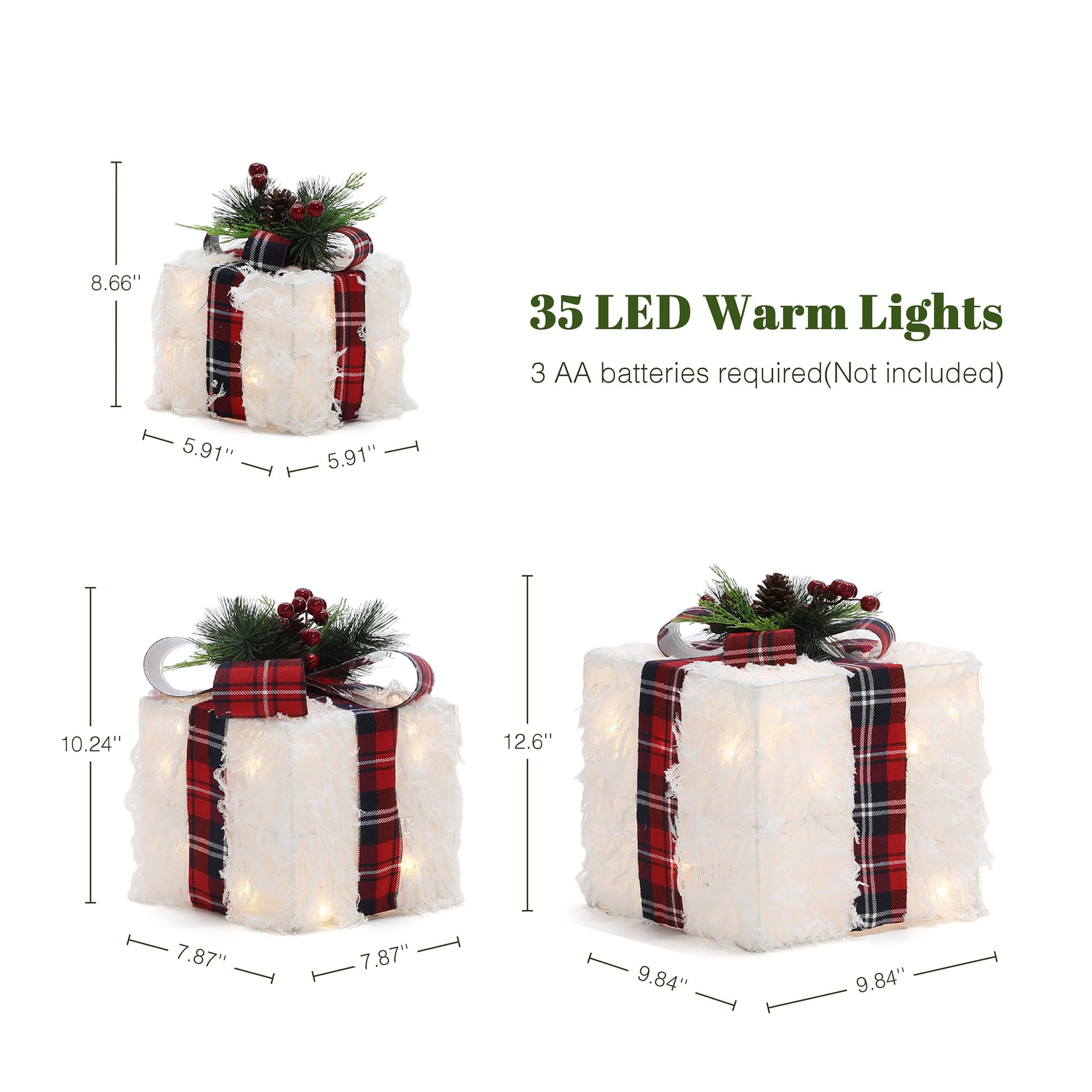 LuxenHome Set of 3 Lighted Gift Boxes, Battery Operated White Feathery Fabric with Red Ribbon Bow Boxes for Xmas, Lawn, Porch, U