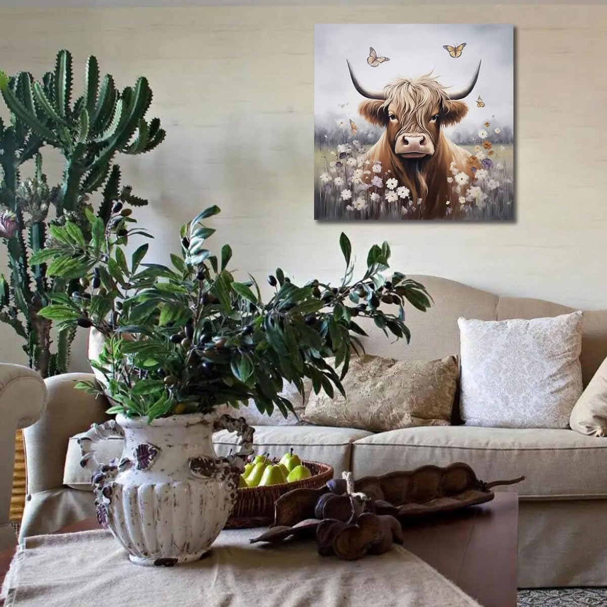 Enartly Bathroom Wall Art Highland Cow Painting Rustic Farmhouse Picture Animal Canvas Print, Nature Flower Landscape Abstract A