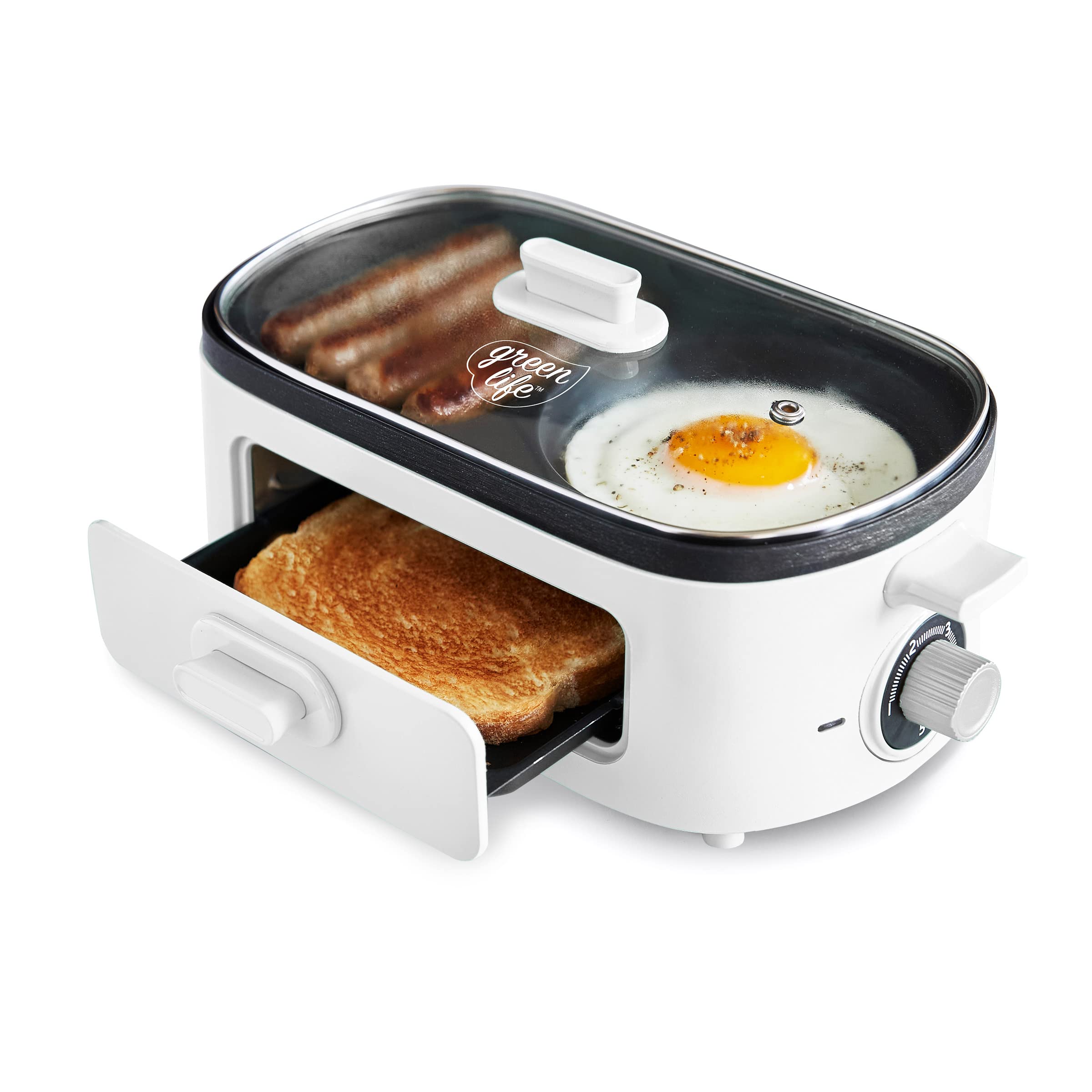 Greenlife 3-In-1 Breakfast Maker Station, Healthy Ceramic Nonstick Dual Griddles For Eggs Meat Sausage Bacon Pancakes And Breakf