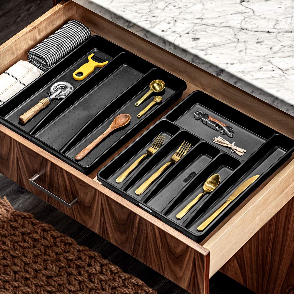 Madesmart Silverware Tray-Carbon Collection 6 Compartments, Soft-Grip Lining & Non-Slip Feet & Bpa-Free, Large
