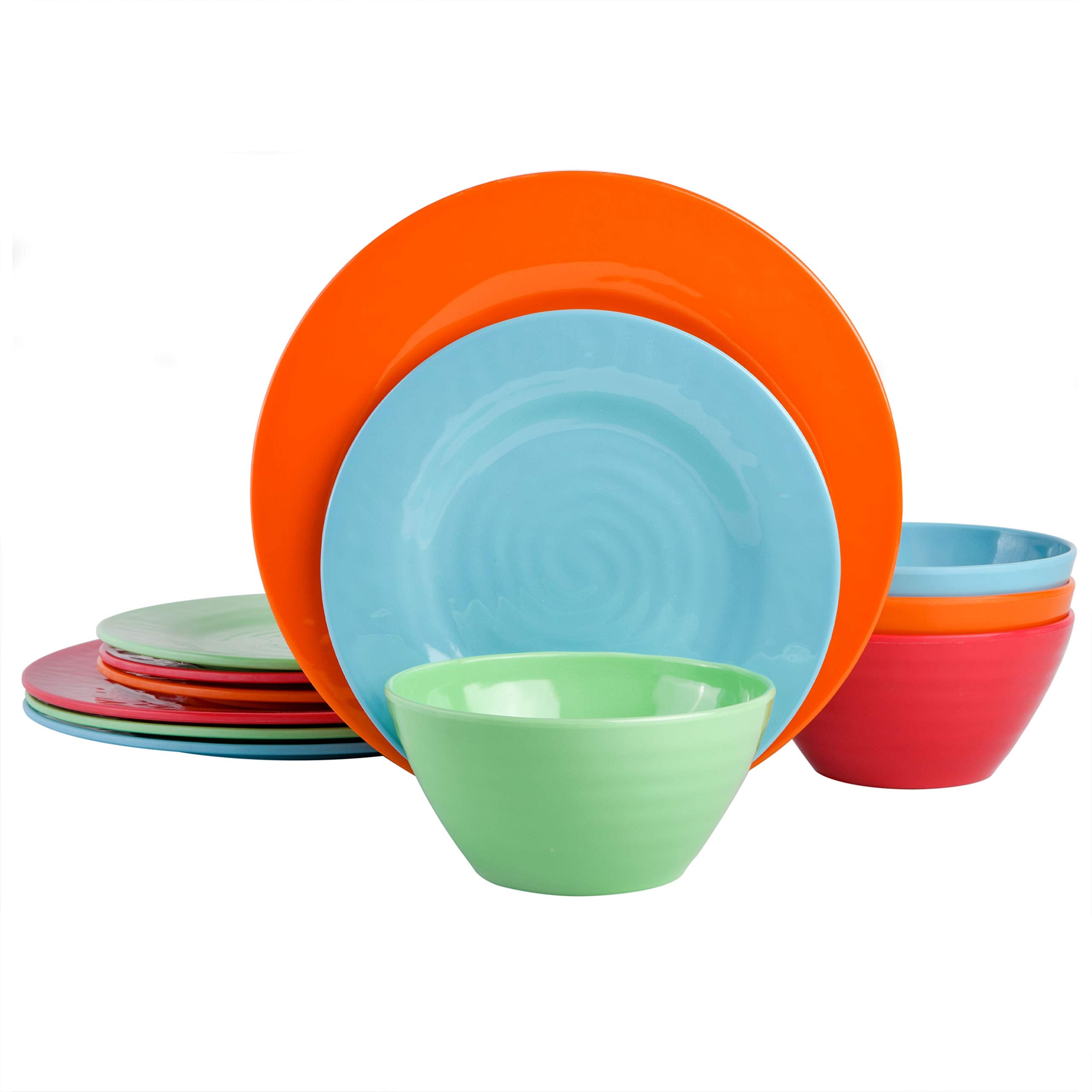Gibson Home Brist Melamine Plastic Dinnerware Set, Service For Four (12Pcs), Assorted Ii