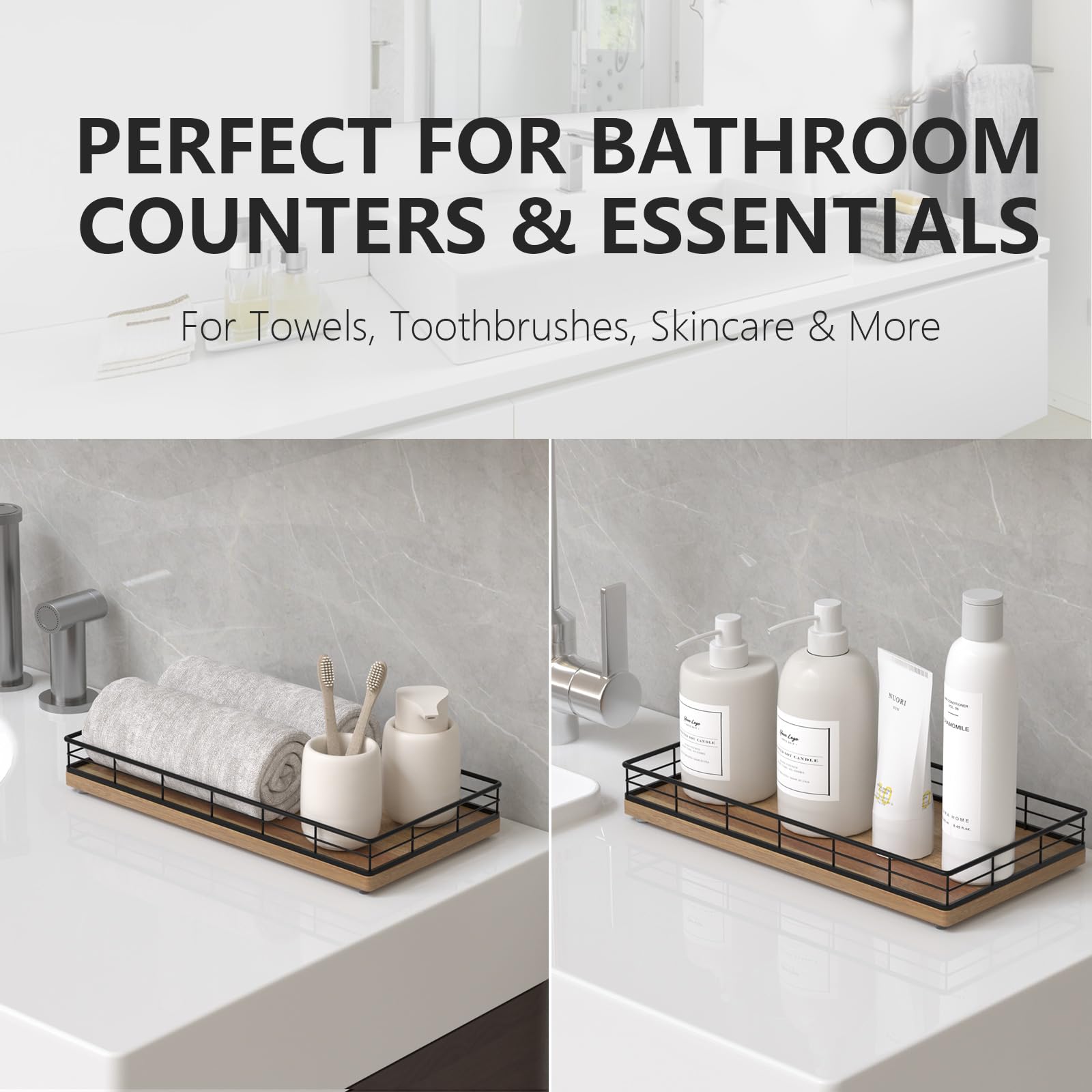 Toilet Paper Basket Organizer - Acacia Wood Toilet Tank Tray with Metal Frame, Back of Tank or Top Bathroom Counter Storage - Bl