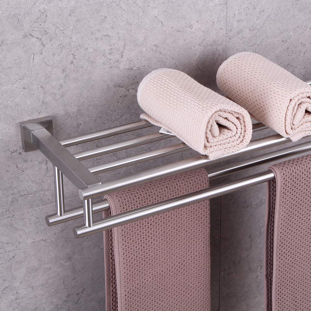 Gerzwy Bathroom Lavatory Towel Rack Towel Shelf With Double Towel Bars Wall Mount Holder, 24-Inch Sus 304 Stainless Steel Brushe