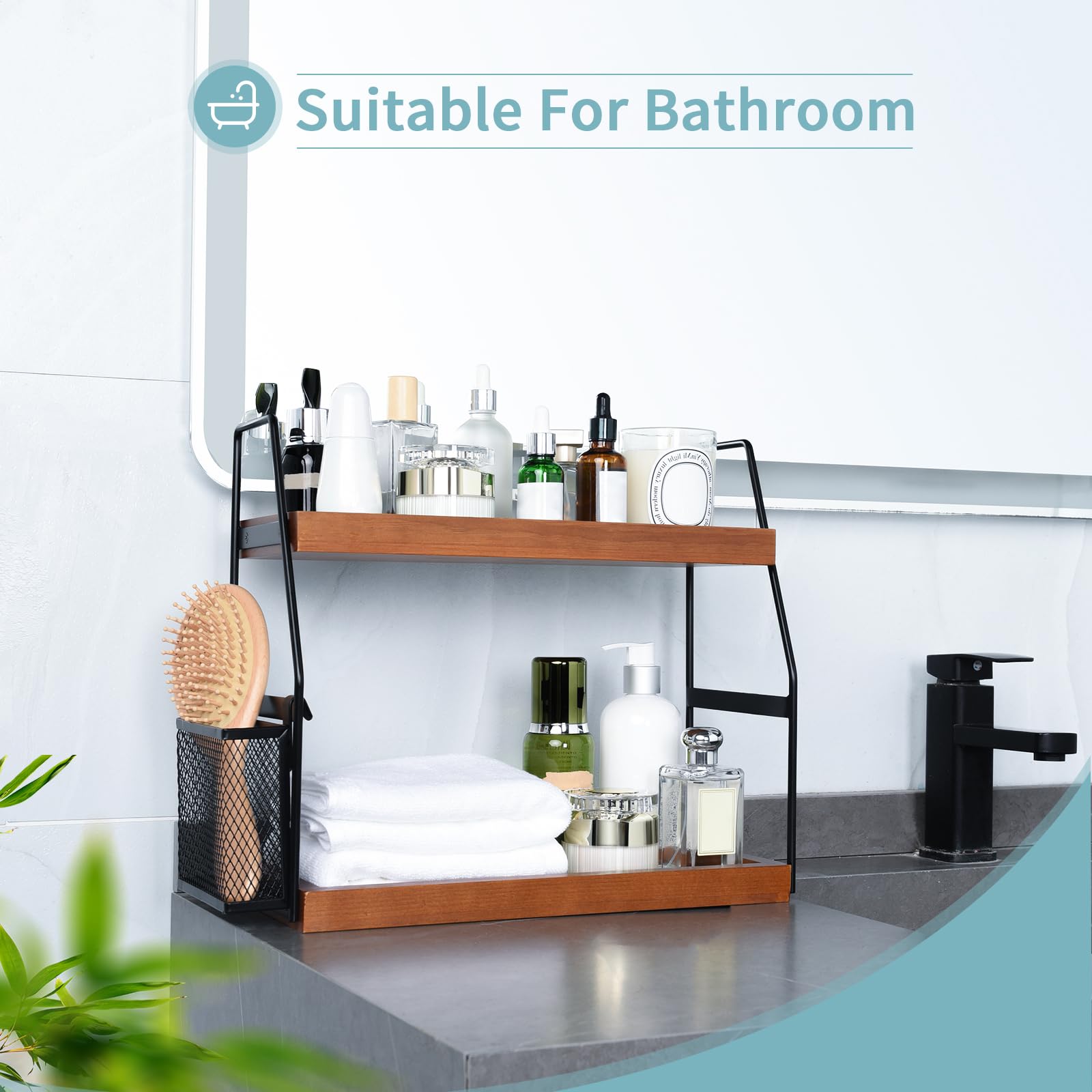 Uneviesyka Bathroom Counter Organizer - 2-Tier Wood Storage Shelf, 14"x6"x13", Brownish, Model 2T-YSJ-Brownish