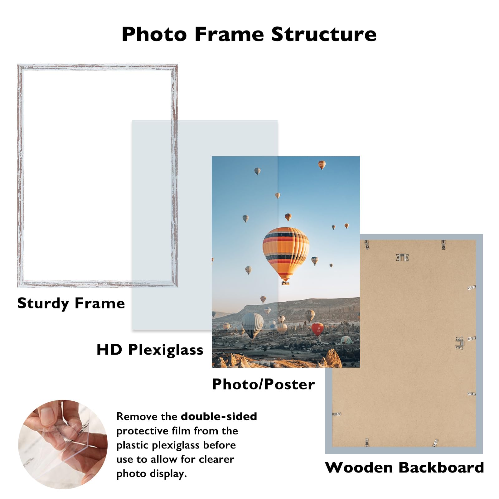 JCJMY 16x24 Picture Frame Rustic White for Poster Photo Picture and 40x60 cm Canvas, Horizontal and Vertical Formats for Wall Ha