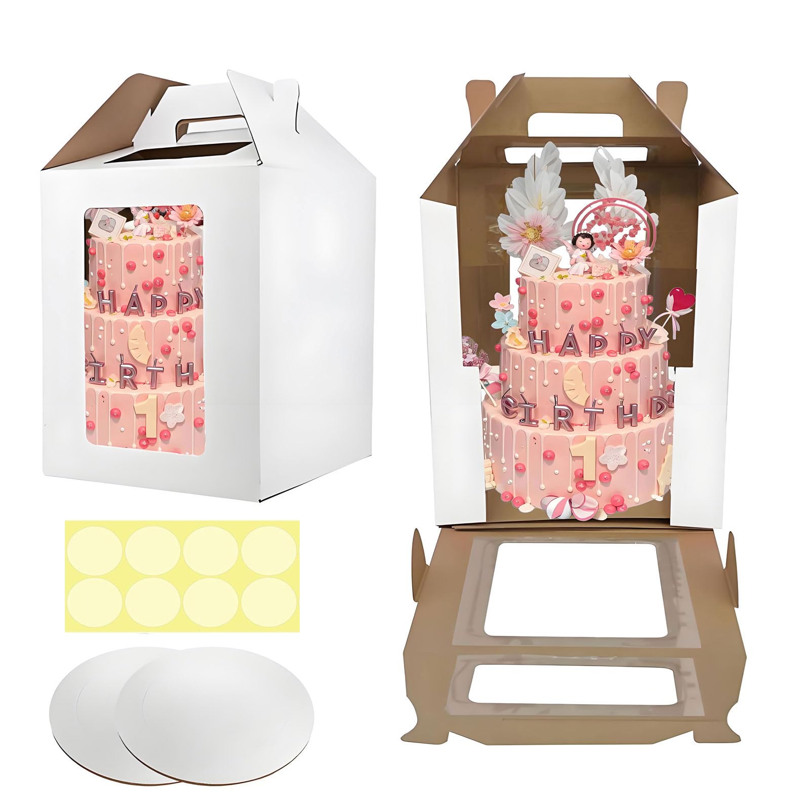 GODCDKC Cake Boxes - 2 Pack Tall Cake Box 12x12x14 Inch Disposable Layer Carrier with Window Large Tierd Cake Out Transport Cont