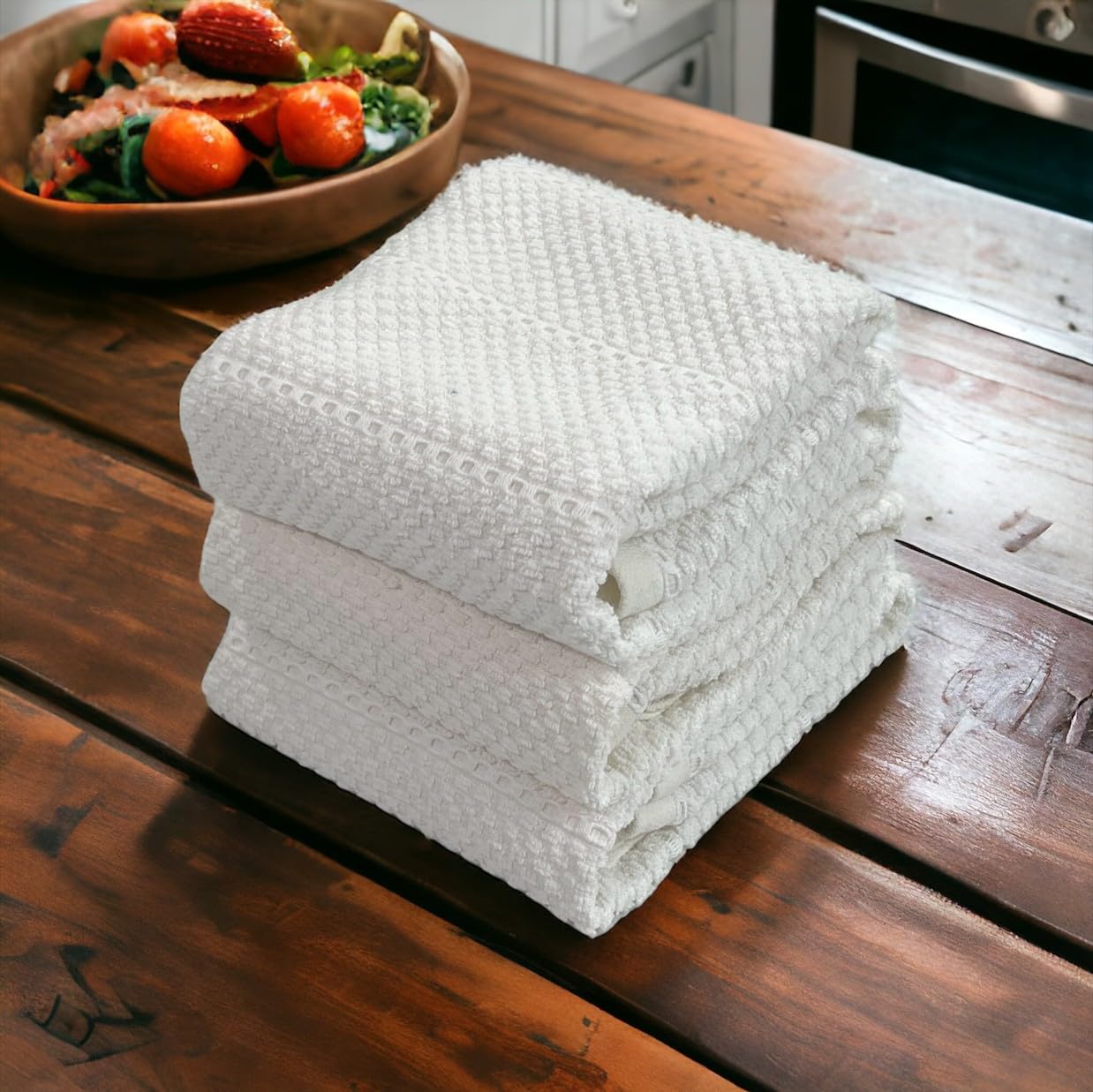 White Kitchen Hand Dish Towels: 100% Cotton Cloth Soft Cleaning Drying Absorbent Textured Terry Loop, Set Of 3 Multipurpose For