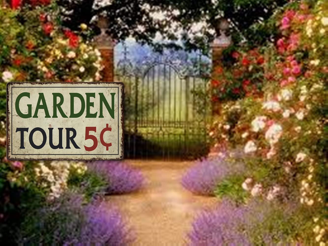 Garden Tin Sign Outdoor Gardening Metal Signs, Garden Tours 5 Cents, Retro Hummingbird Welcome Sign Decorative Flower Sign Cute
