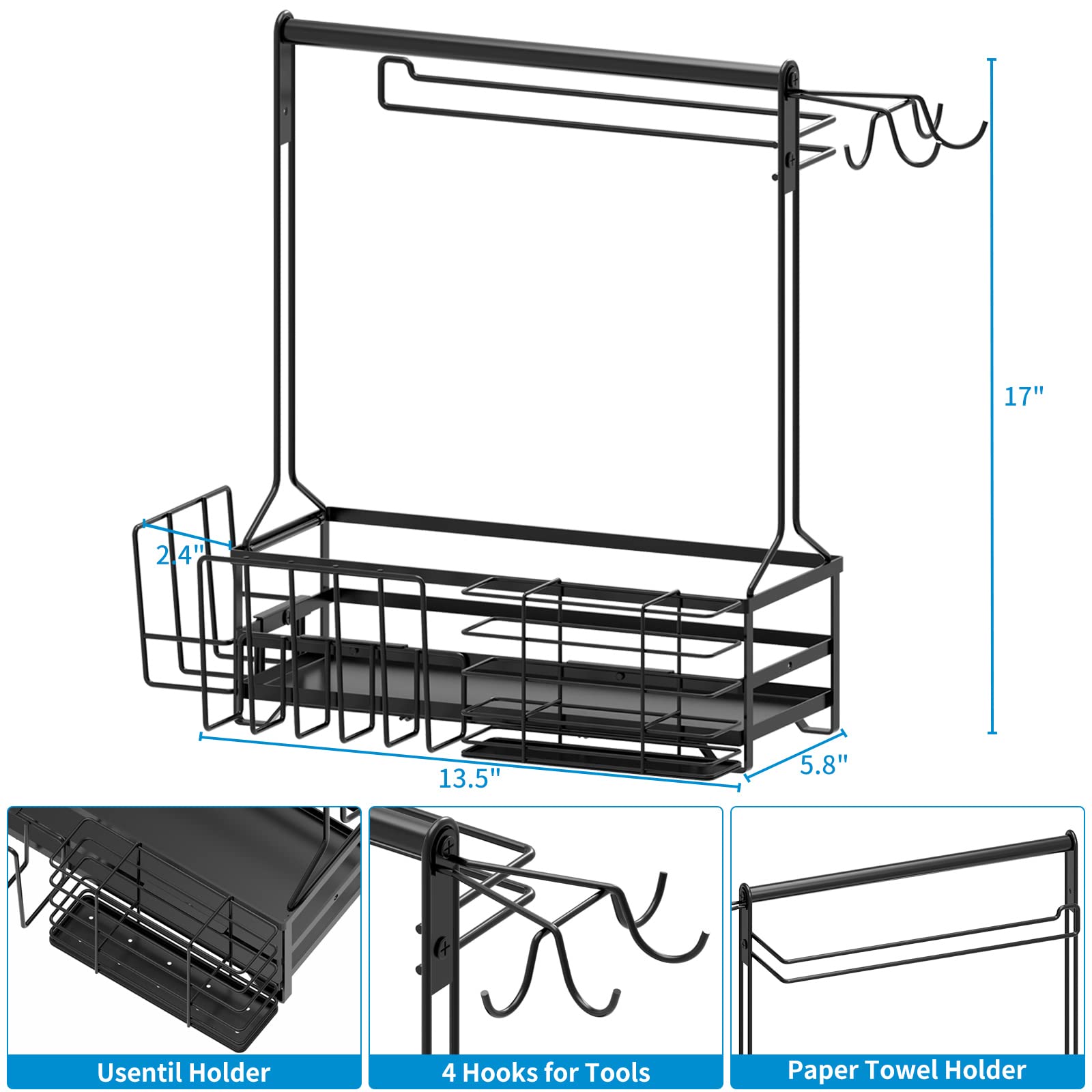 Bbq And Grill Caddy With Paper Towel Holder, Iron Steel Handle & 4 Hooks - Camper Accessories Condiment Caddy - Plates, Cutlery