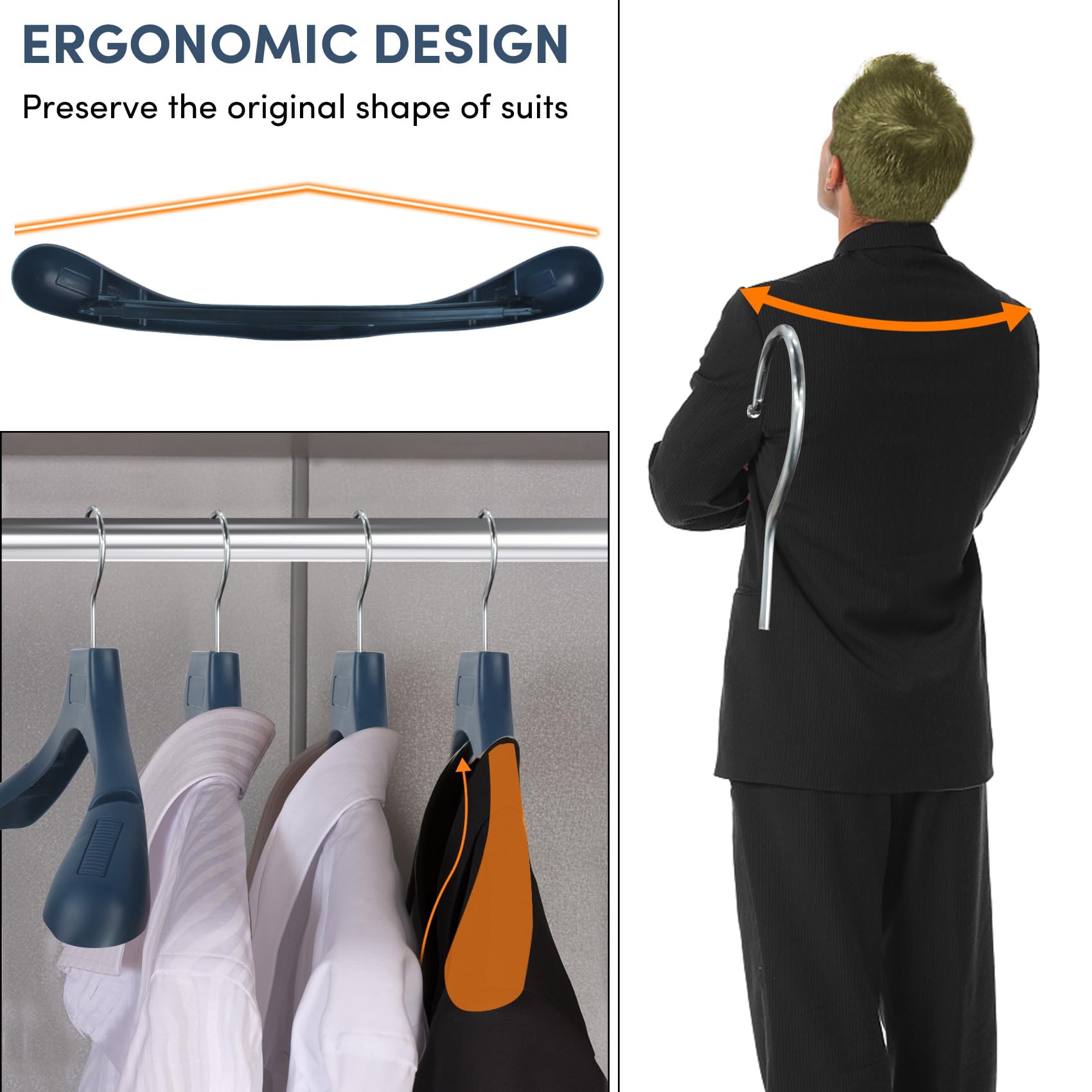 Suit Hangers For Men 50 Pack, Extra Wide Hangers Non Slip Width 17.7'', Blue Coat Hangers Thick Plastic With Pants Bar 360 Swive