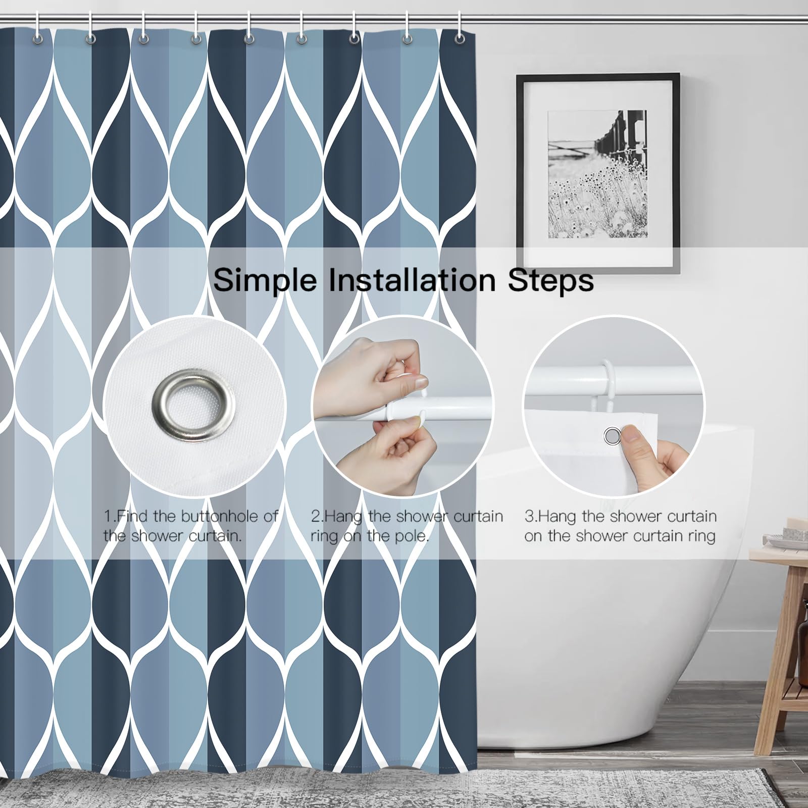 Gelbchu Aegean Blue Geometric Shower Curtain  Waterproof Design and Polyester  Quick-Drying  Weighted Hem  Blue Fabric Shower Curtains Set for Bathroom W 72 x H 72  Durable and Washable with 12 Hooks