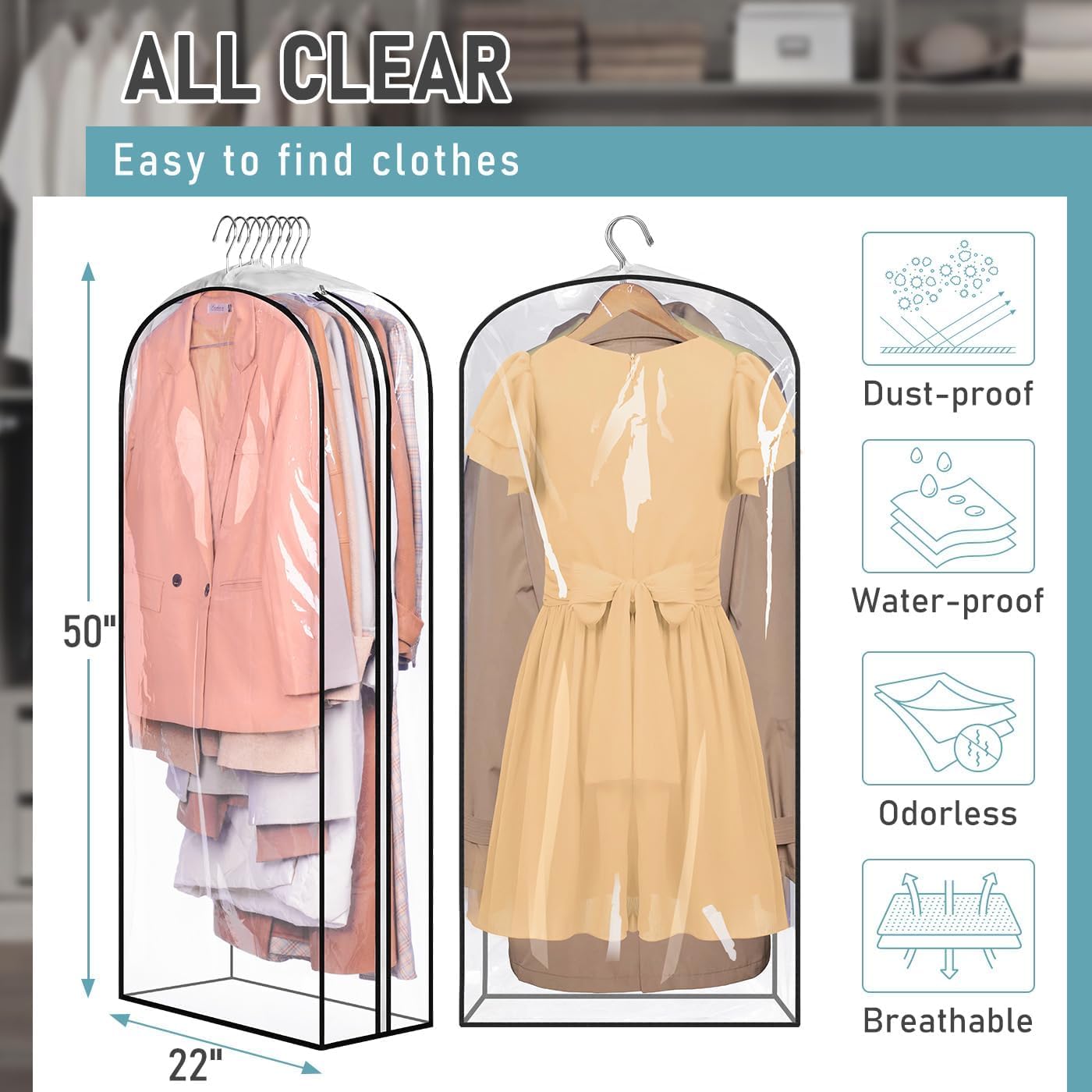 MISSLO 10'' Gusseted All Clear Garment Bags for Hanging Clothes 50'' Dress Bags for Closet Storage Hanging Clothes Bag for Suit  Coats  Gowns  3 Packs