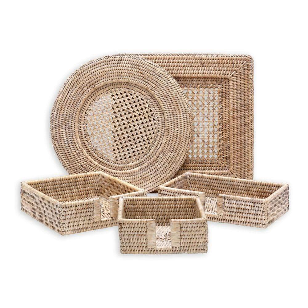 Caspari Rattan Dinner Plate Charger, Square, White