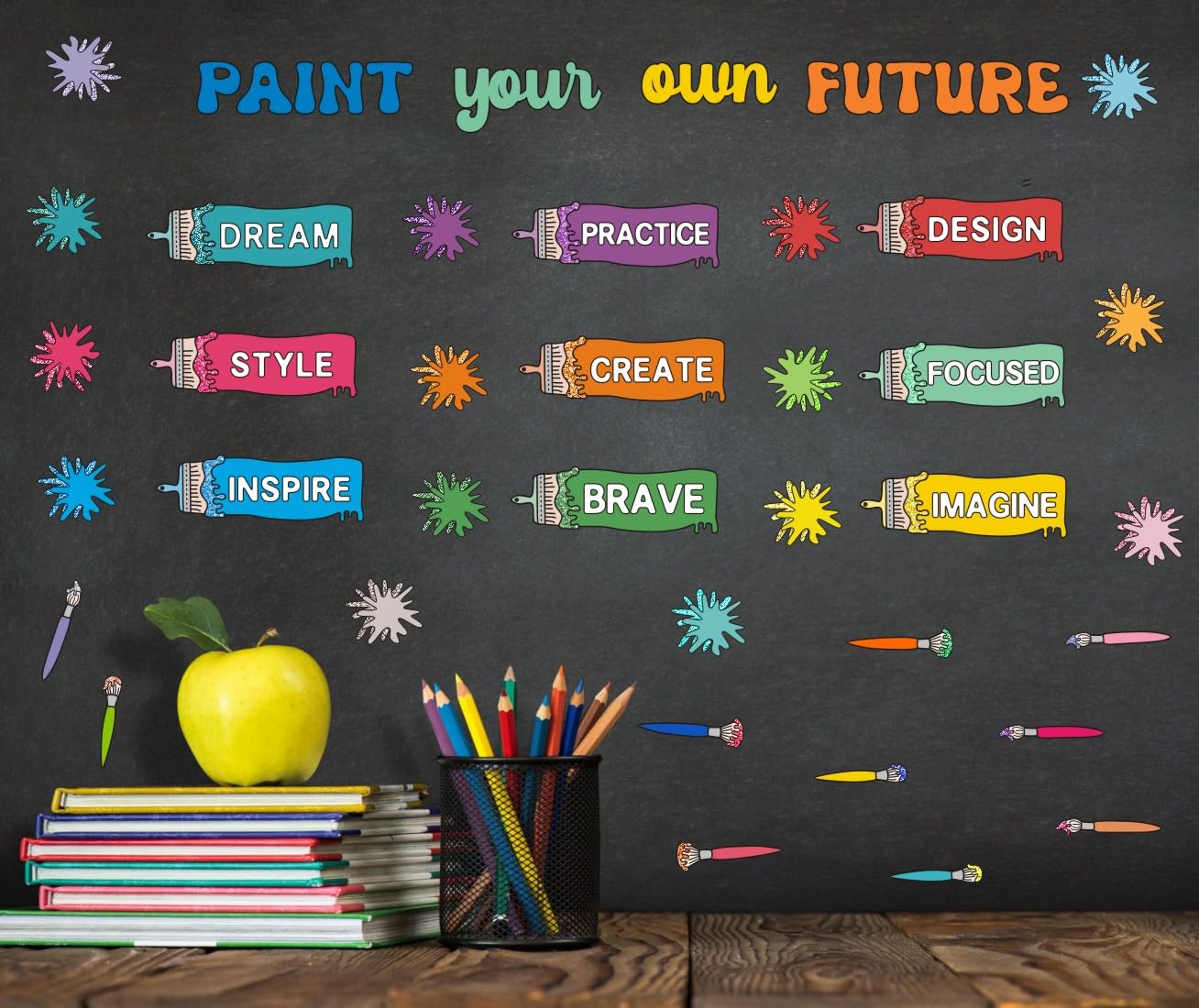 Yimehdan Colorful Paintbrush With Paint Splatter Wall Decal, Paint Your Own Future Inspirational Quote Vinyl Wall Stickers, Remo