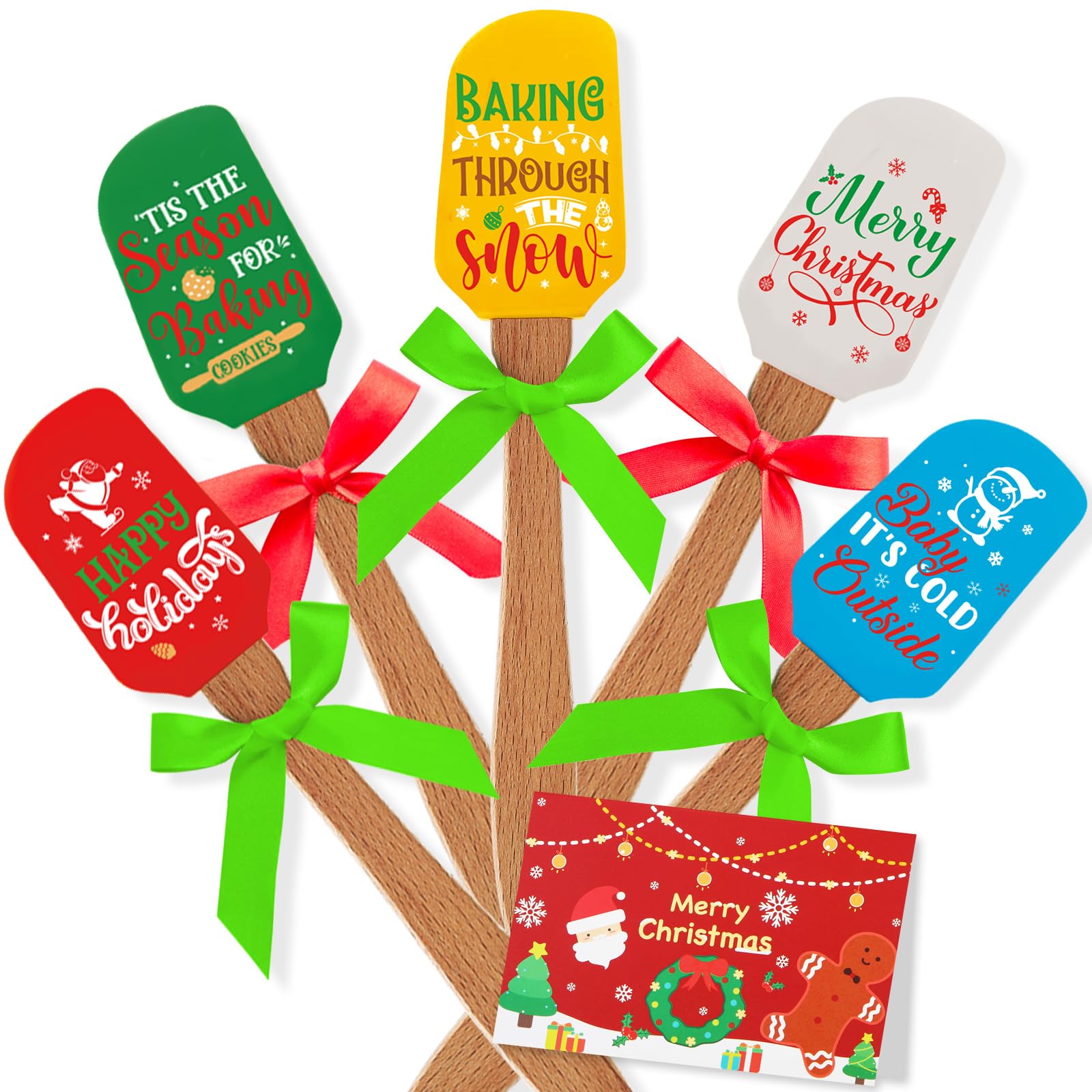 Newtay 20 Sets Christmas Silicone Spatula Cake Spatula Bulk Cooking Scraper with Wooden Handle Xmas Greeting Card Ribbon for Chr