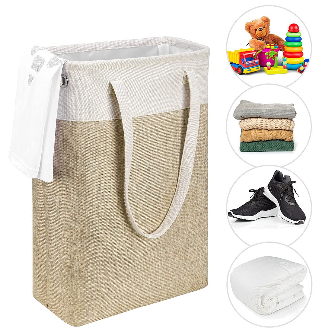 i BKGOO Laundry Basket with Handles Beige&Khaki-Slim Laundry Bin Collapsible Dirty Clothes Basket Narrow Laundry Bag Foldable Dirty Hamper for Camping  Dorms  Apartments