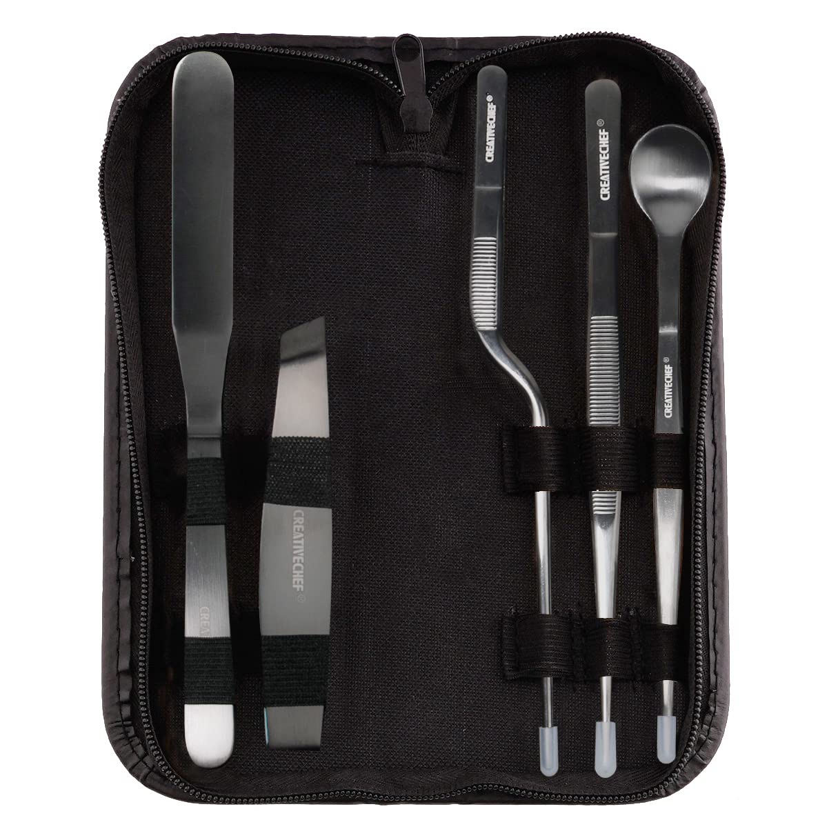CREATIVECHEF 5 PCS Plating Tools Culinary Set Contains kitchen tweezers spatula Sauce plating spoon(Black)