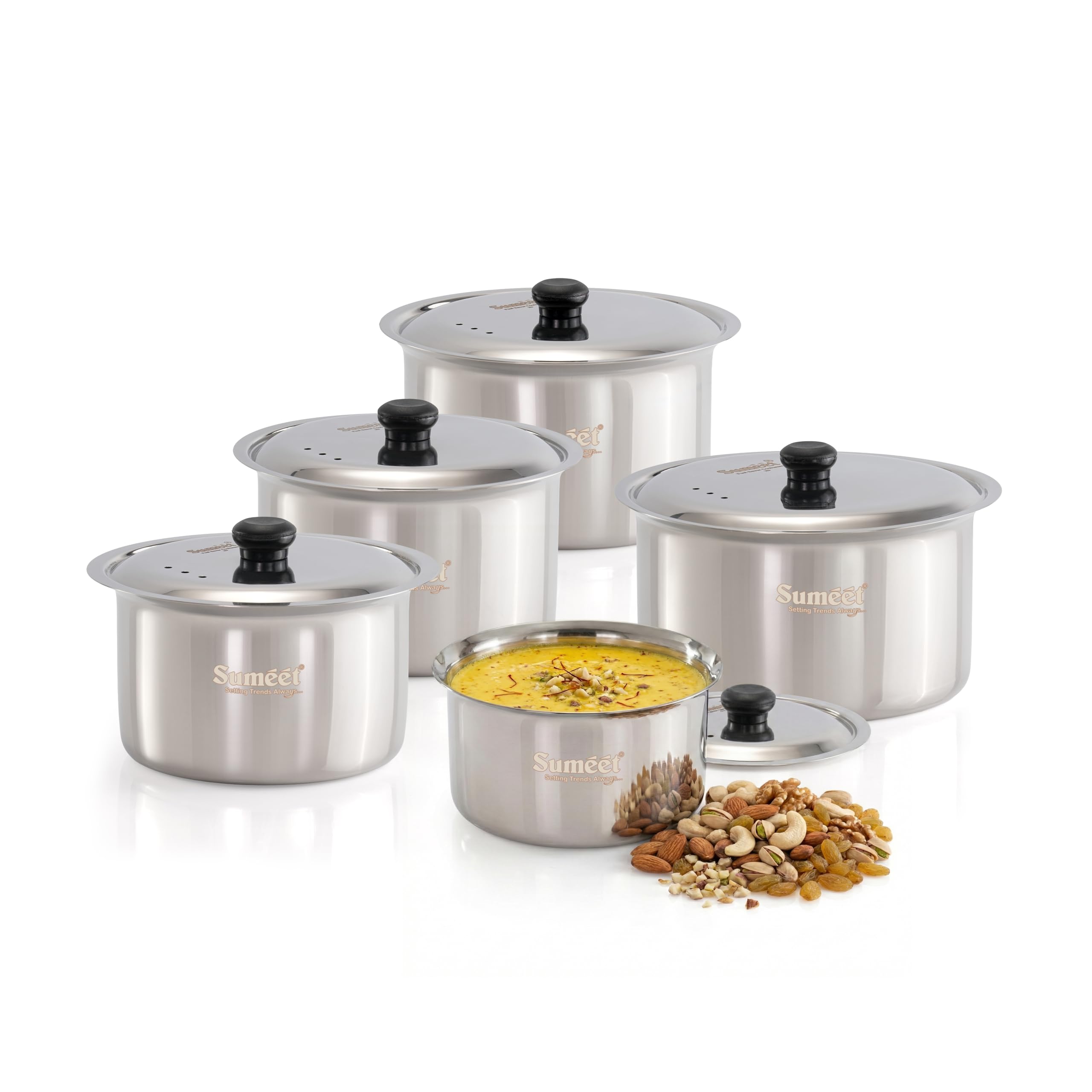 Sumeet ISI Certified HeavyPly enhanced Stainless Steel patila Set  5 pcs with lids - 1150 ml  1400 ml  1900 ml  2500 ml  3000 ml  Induction & Gas Compatible  Durable bhagona tope cookware for Kitchen