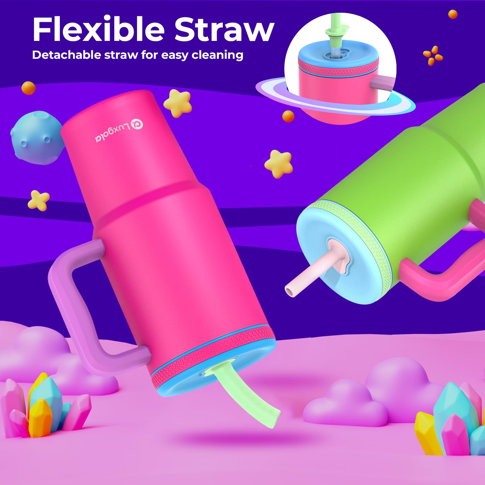 Luxgola Kids 24 oz Tumbler with Handle, Leak-Proof Screw-On Lid with Removable Silicone Straw, Spill Proof, Reusable Stainless S