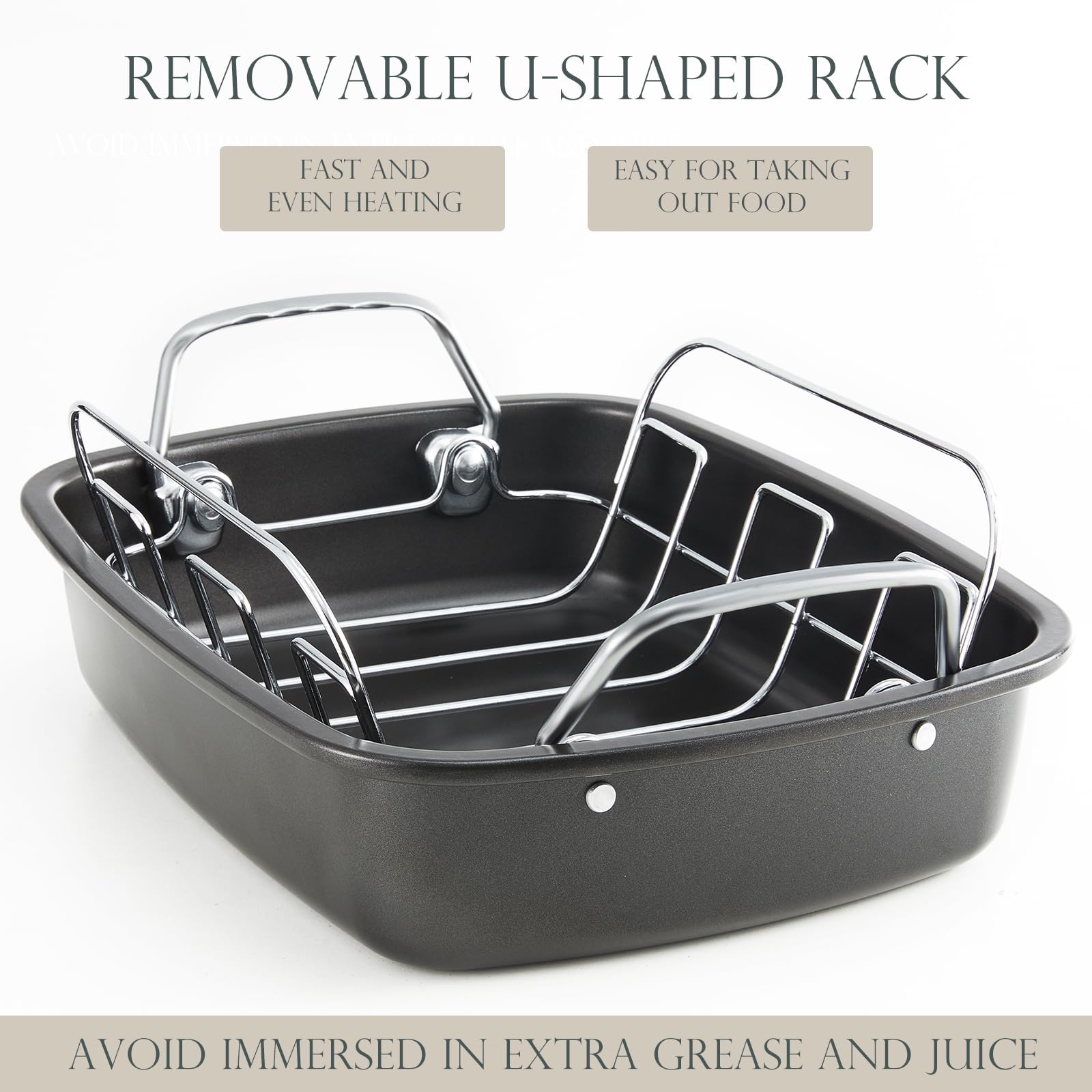 Kitessensu Nonstick Turkey Roasting Pan With Rack 17 X 14 Inch - Large Chicken Roaster Pan For Oven - Wider Handles & Heavy Duty