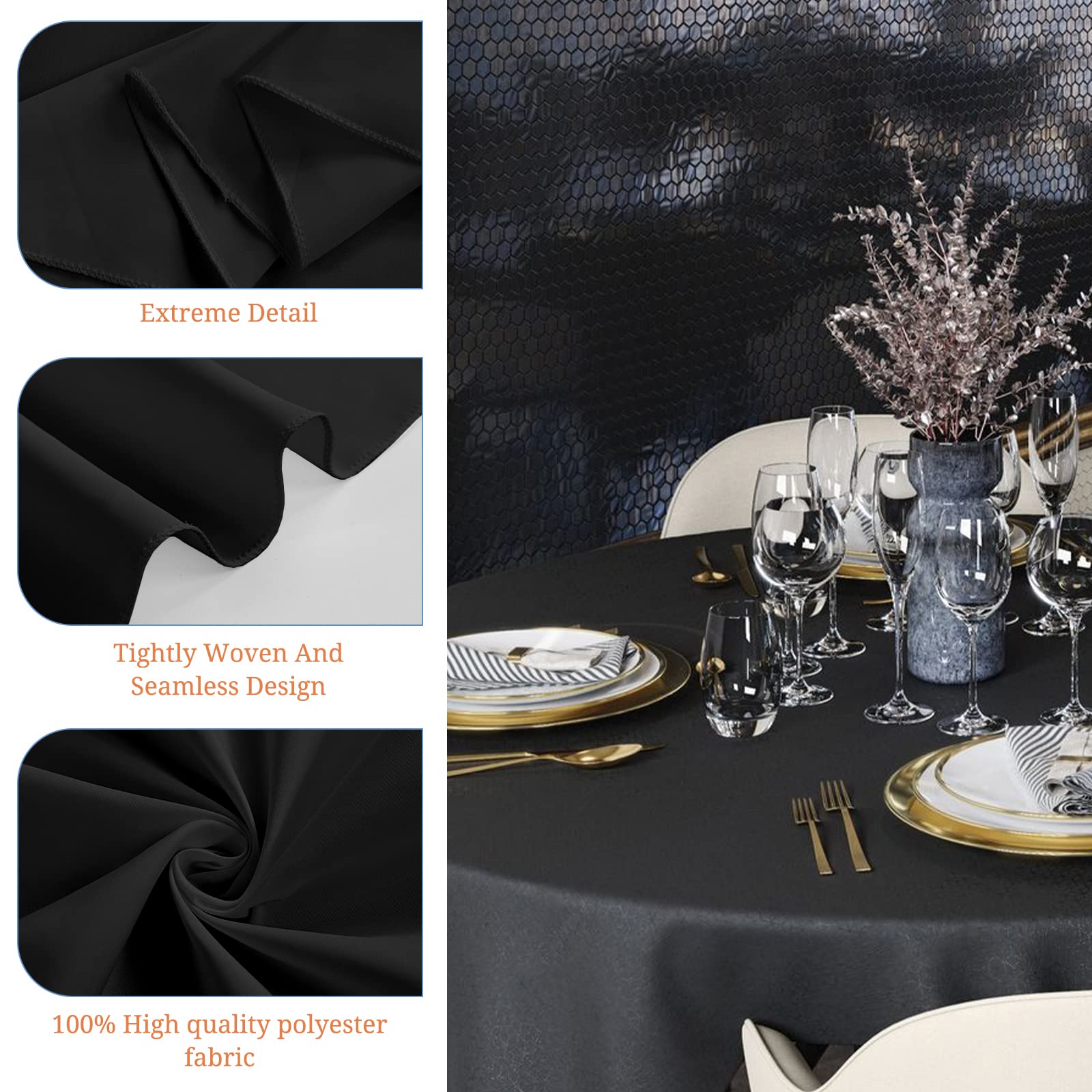 Teruntrue 4 Packs Round Tablecloth Polyester 90 Inches Black Washable Round Table Cloths For Round Tables Stain Resistant Wrinkl