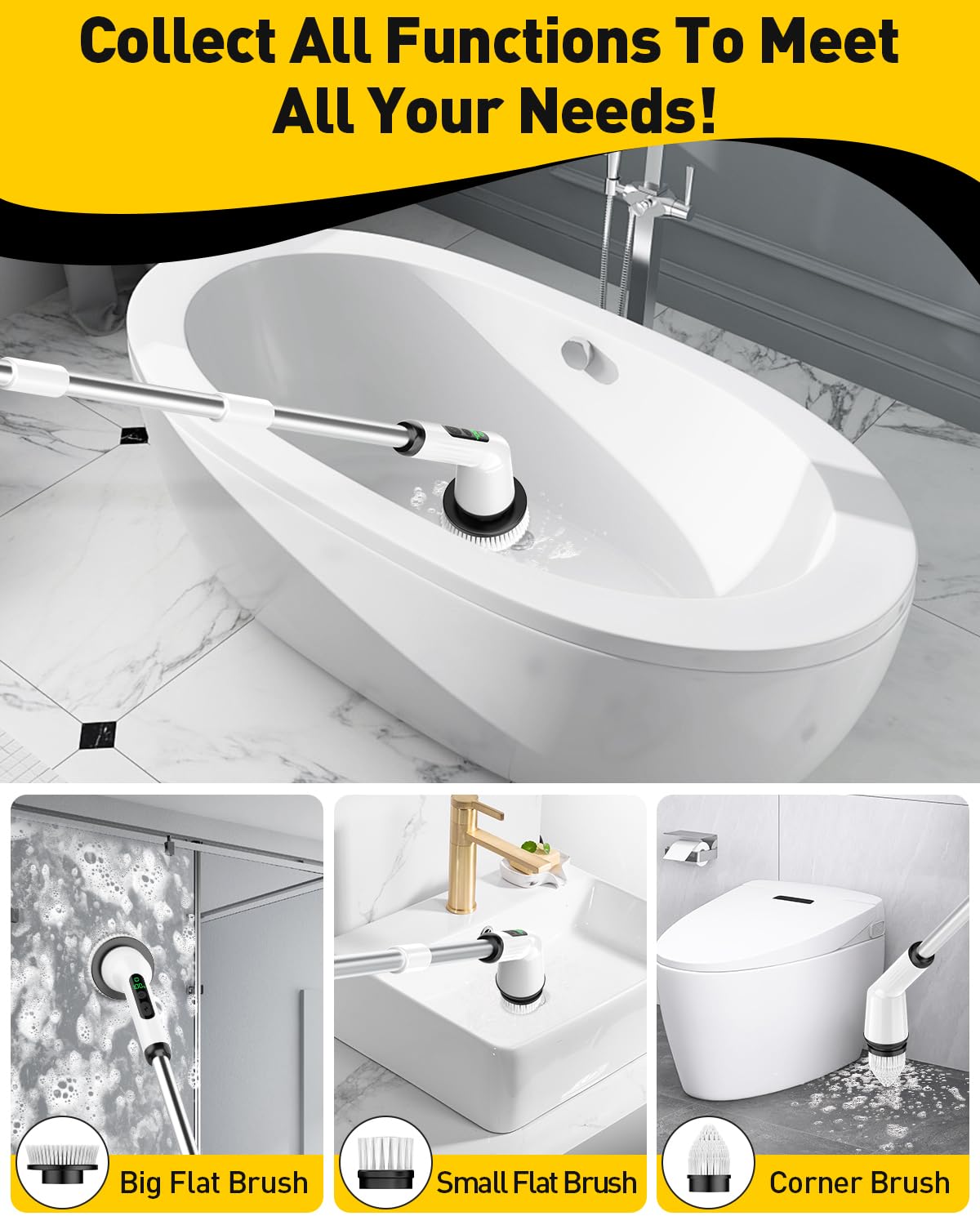 Electric Spin Scrubber, Shower Scrubber With Extendable 53.3'' Arm | Dual-Speed, 3 Brush Heads | Versatile Power Scrubber For Ba