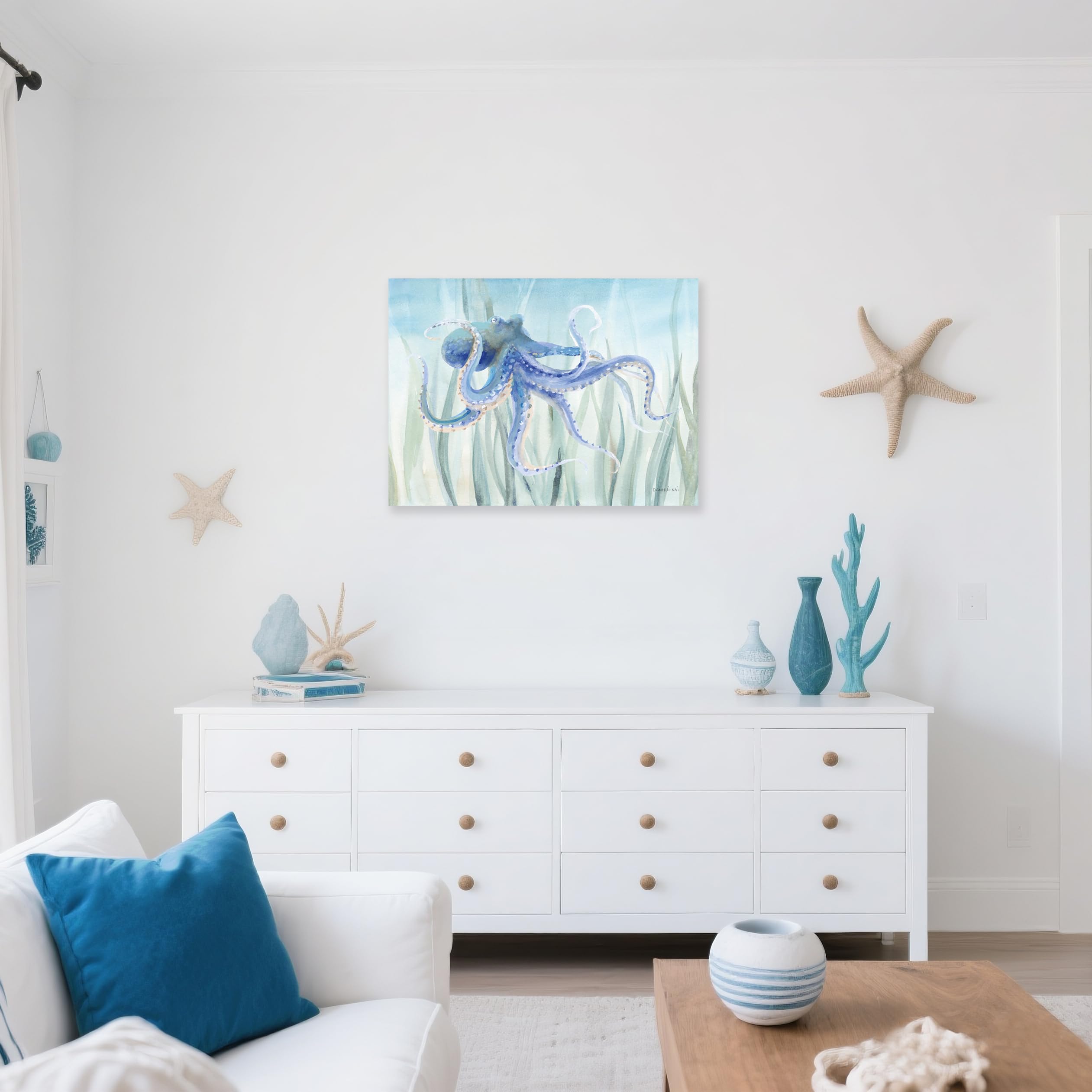 Ocean Wall Decor Under The Sea Blue Octopus Canvas Wall Art for Bathroom Coastal Decor for Home Nautical Prints for Bedroom Kitchen Restroom 36x24Inch