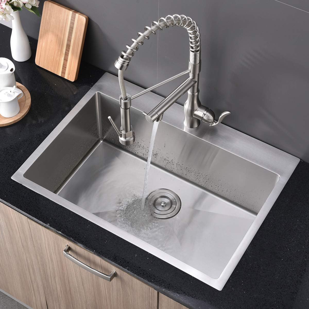 Shaco Commercial 28 Inch 16 Gauge Top Mount Drop-In Single Bowl Basin Handmade T304 Brushed Nickel Kitchen Sink, Stainless Steel