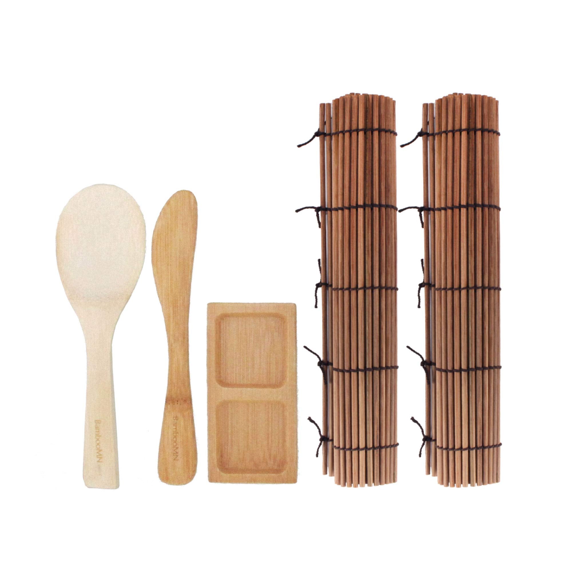 Bamboomn Sushi Making Kit 2X Carbonized Bamboo Rolling Mats, 1X Rice Paddle, 1X Spreader And 1X Compartment Sauce Dish | 100% Ba