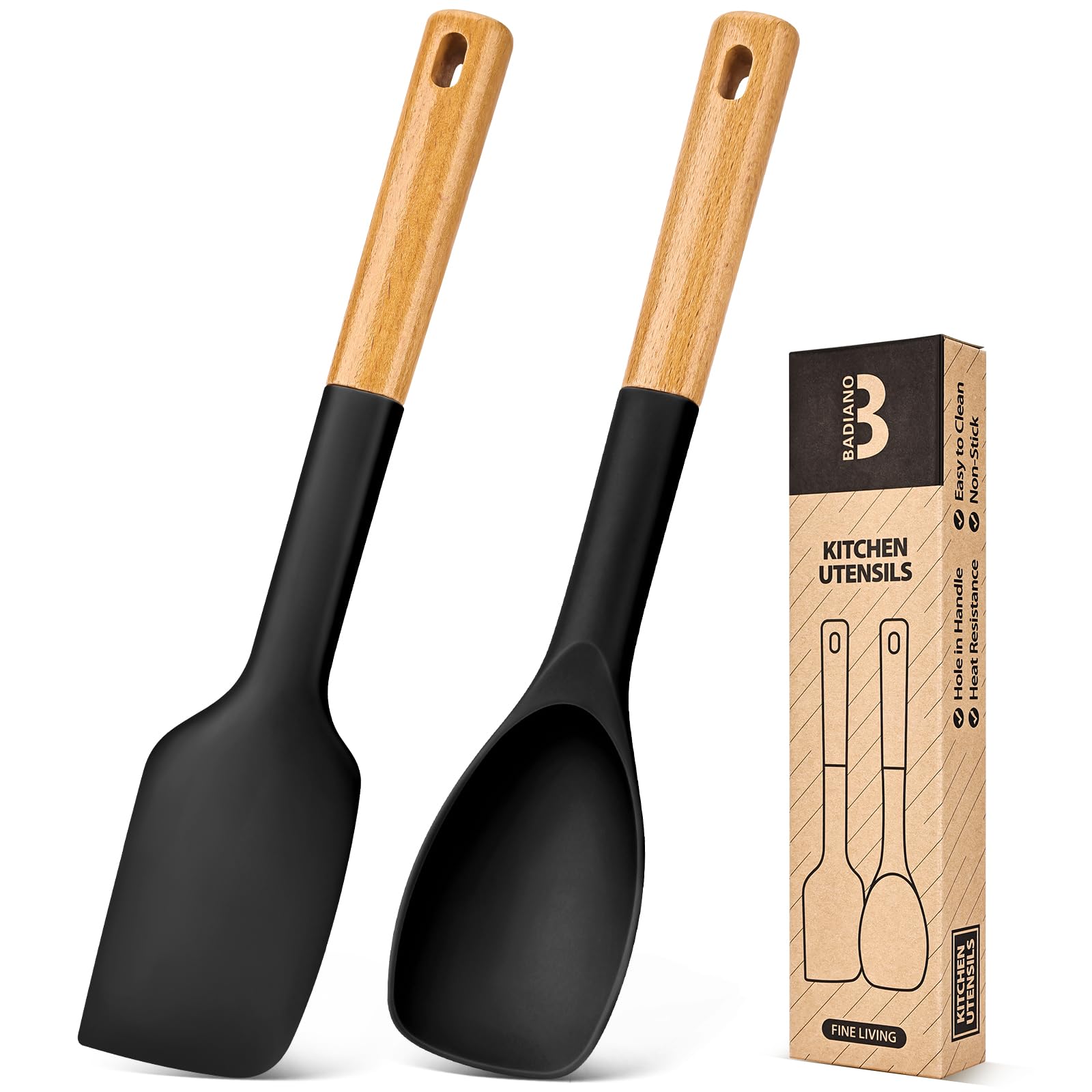 Badiano Silicone Scraper and Spoonula Set, Rubber Spatula for Baking, Black