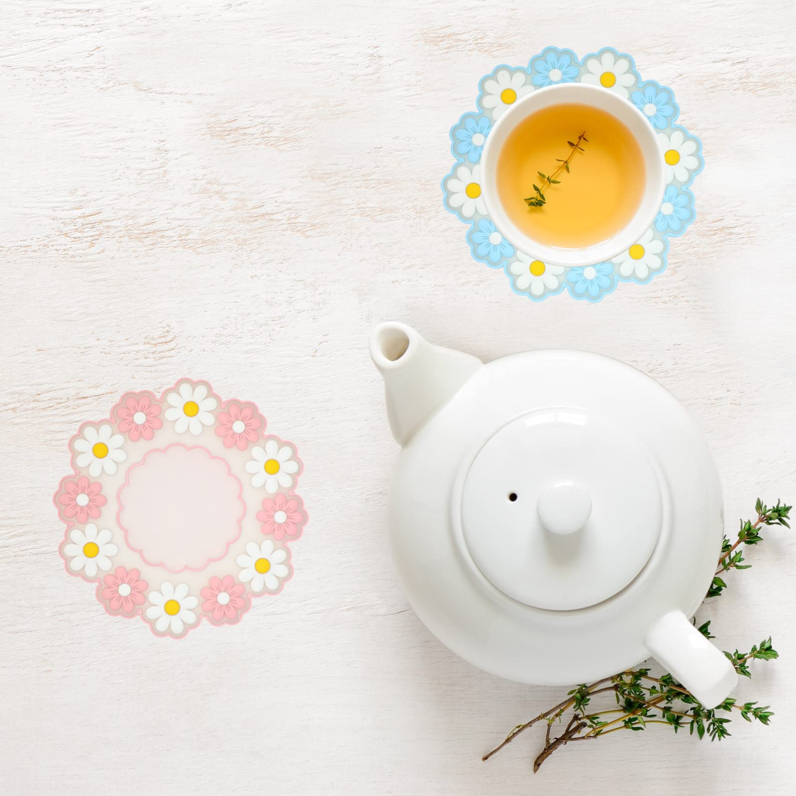 Coasters For Drinks, Cute Coaster For Coffee Table Set Of 4 Non-Slip Pvc Silicone Coasters For Tabletop Protection, Daisy Flower