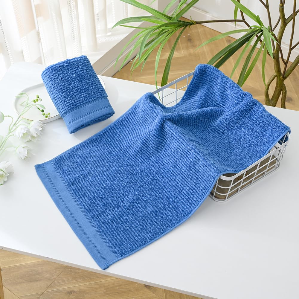 Yiluomo 100% Cotton Blue Hand Towel Set Of 2 Ribbed Striped Pattern Soft Absorbent Decorative Towel For Bathroom 13 X 29 Inch
