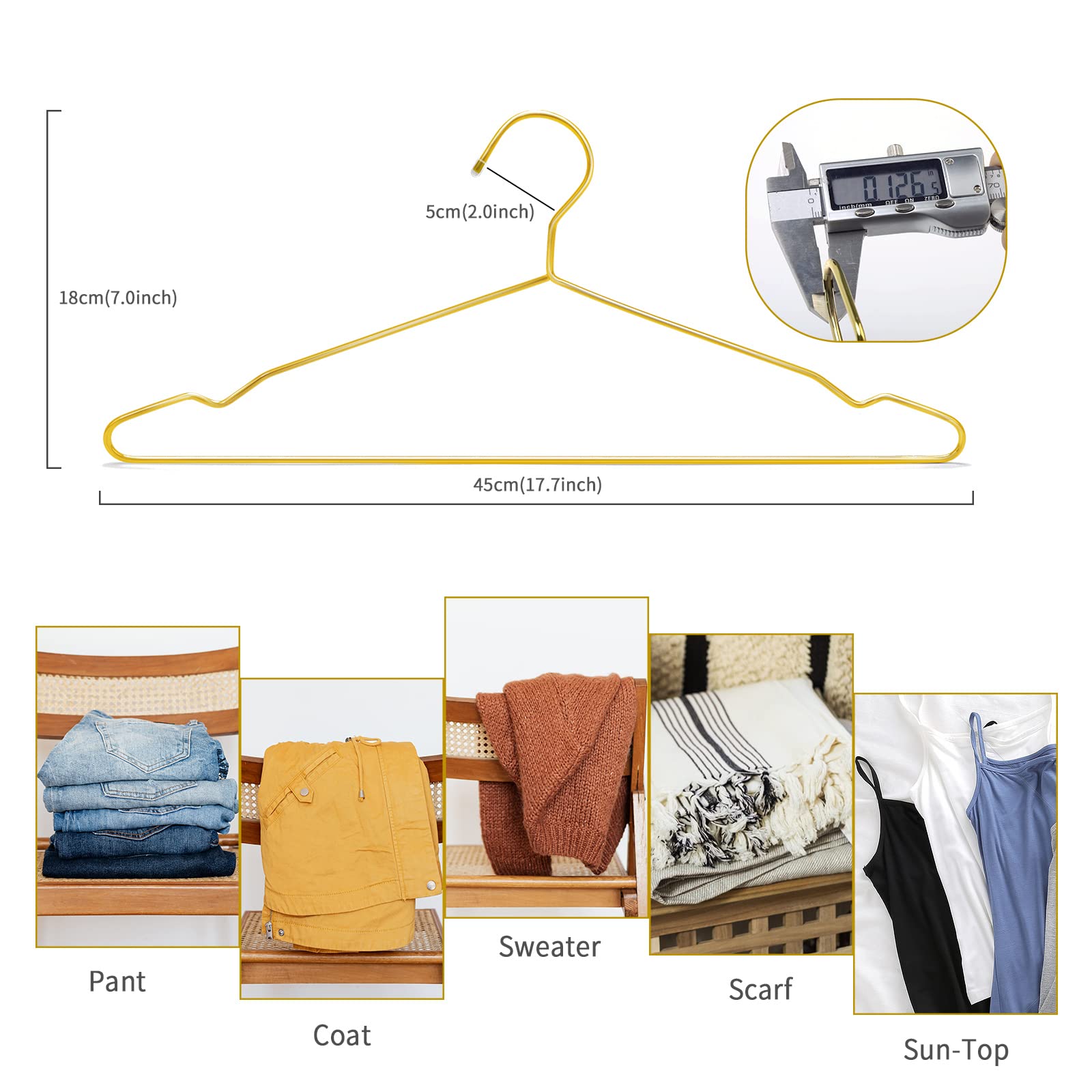 Nature Smile17.7 Inches Gold Metal Coat Hangers, Space Saving Wire Hangers, Metal Clothes Hangers, Standard Suit Hangers Ideal F