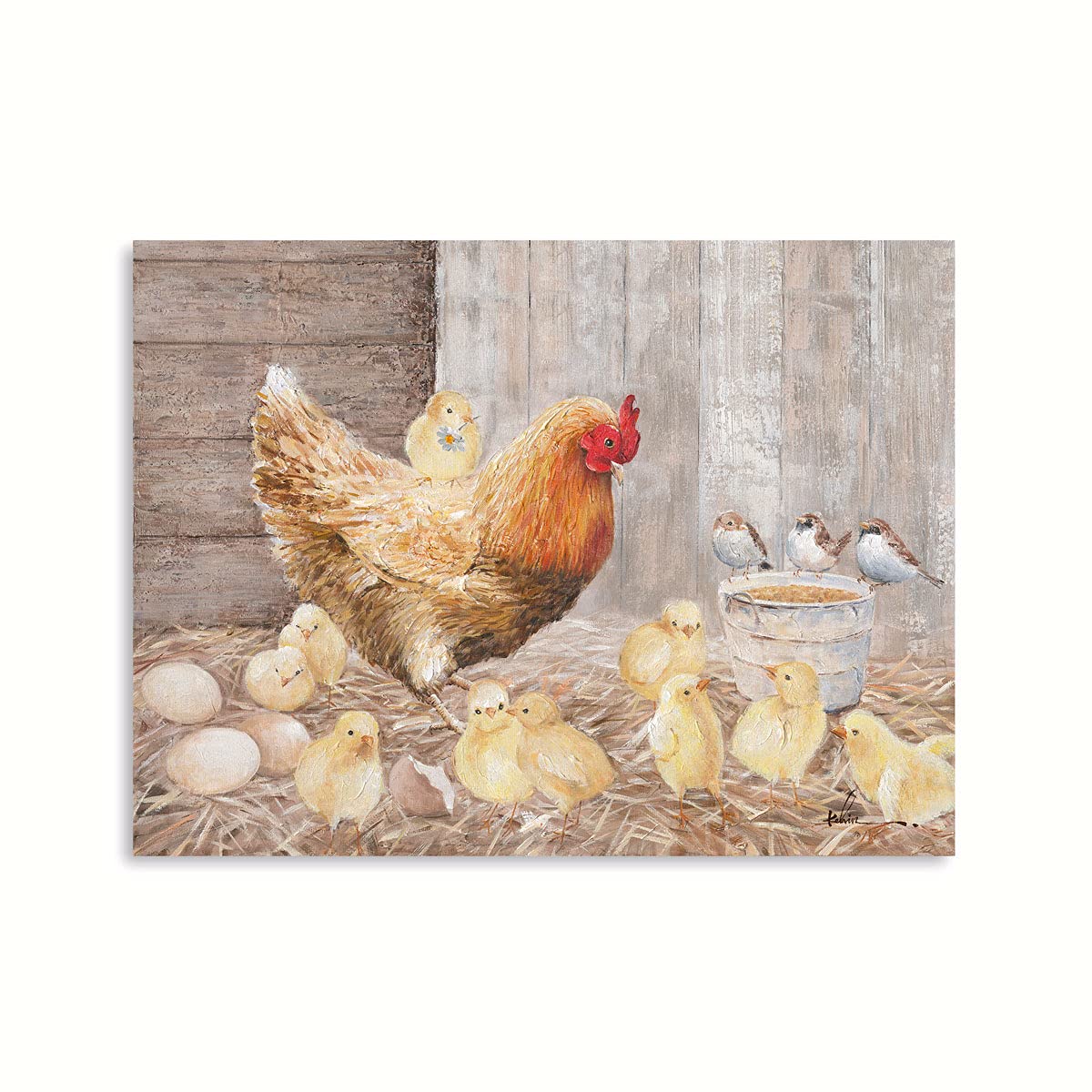 Farmhouse Wall Art Rooster Print: Hen Painting Small Born Chicks Picture Barnyard Birds Vintage Wood Framed Canvas Artwork For K