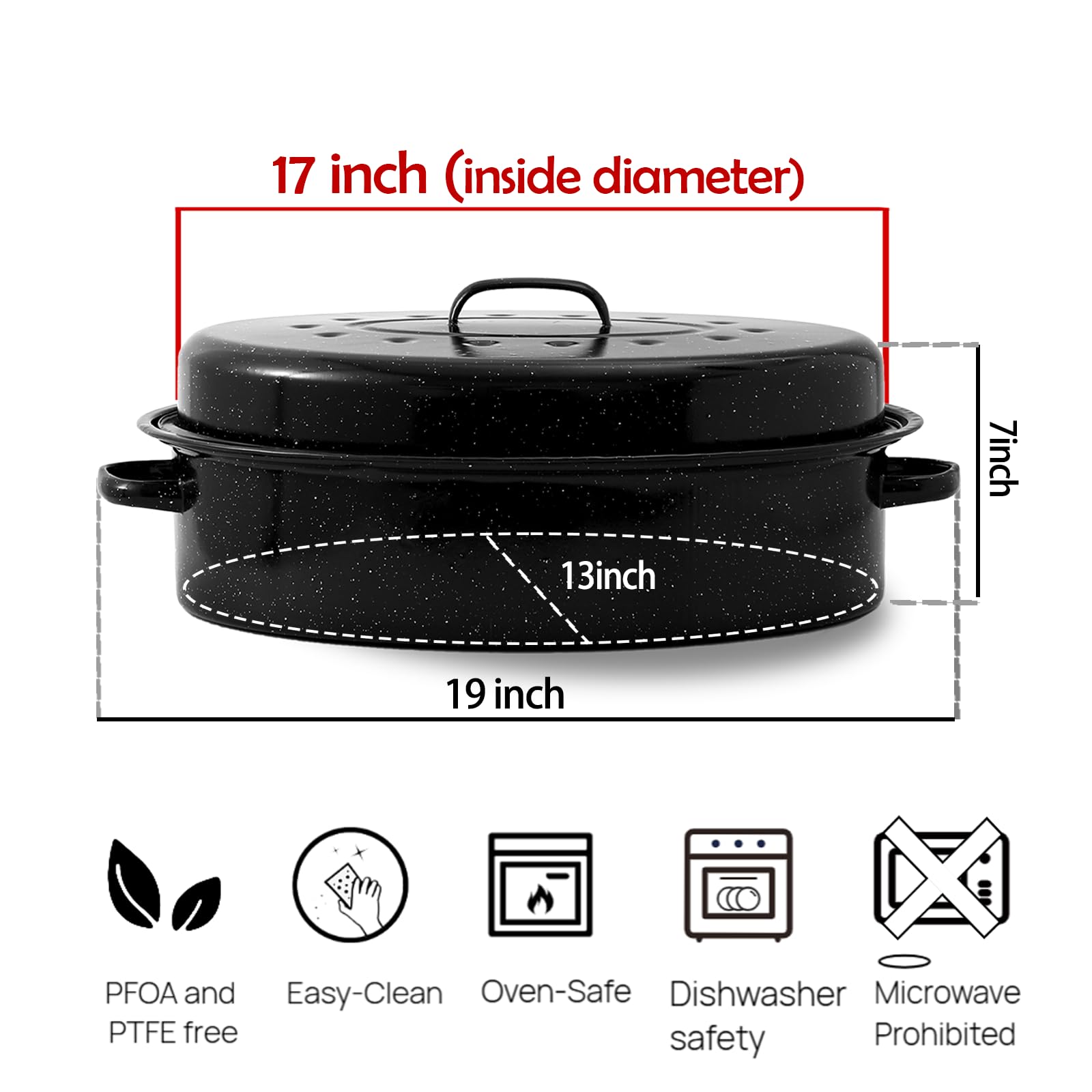 19    Turkey Roasting Pan Enamel Oval Granite Large Roaster Pan with Lid with 17in Inner Diameter Large Capacity Suitable for Th