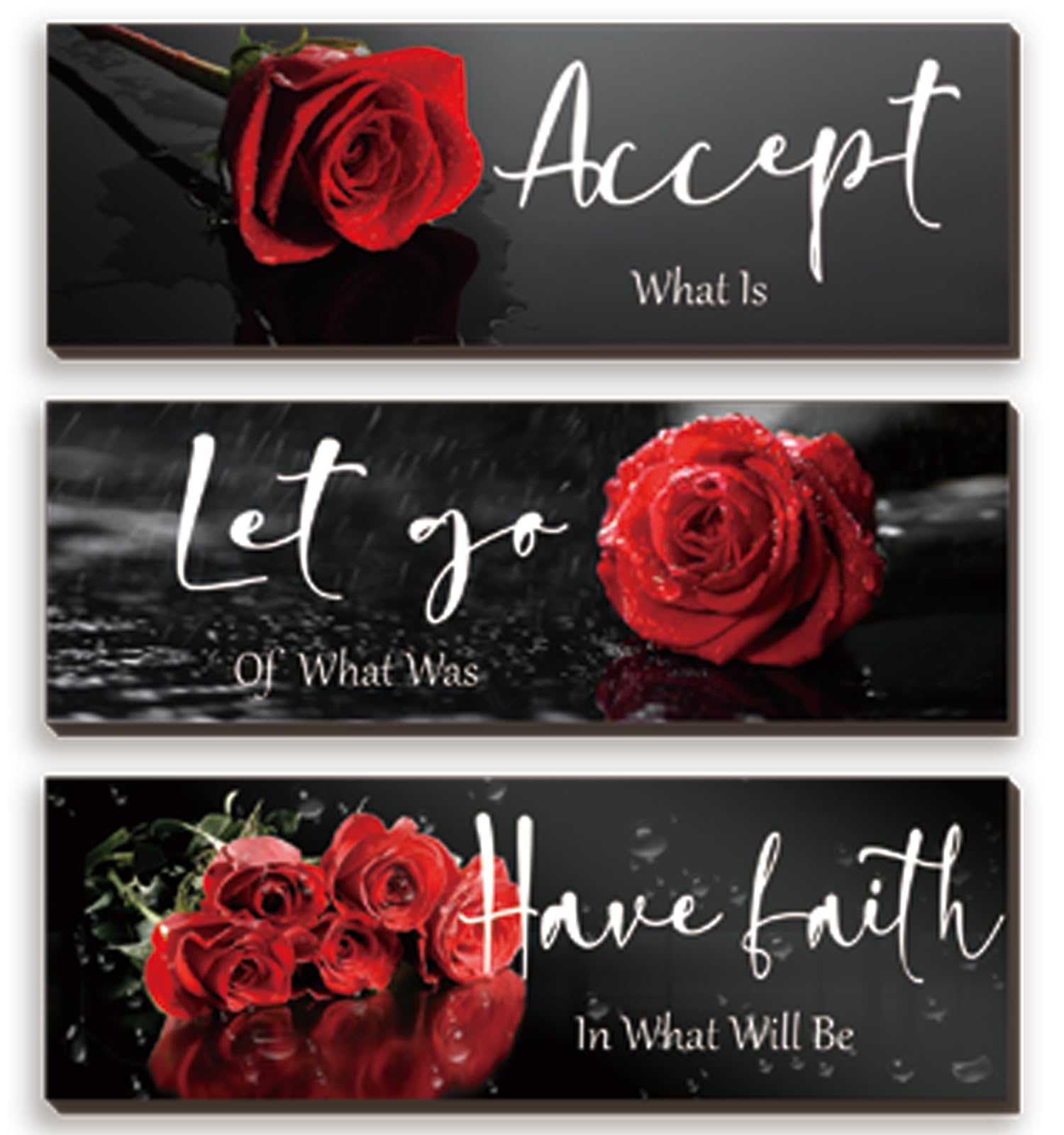 ZINYAZHE 3 Pcs Red Decor Flower Inspirational Wooden Wall Art Red Roses Office Wall Decor with Accept Let Go Have Faith Positive