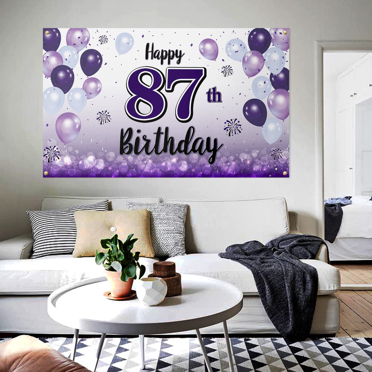 Laskyer Happy 87Th Birthday Decorations,87Th Purple Balloon Large Birthday Banner Backdrop Sign,87 Years Old Bday Party Supplies