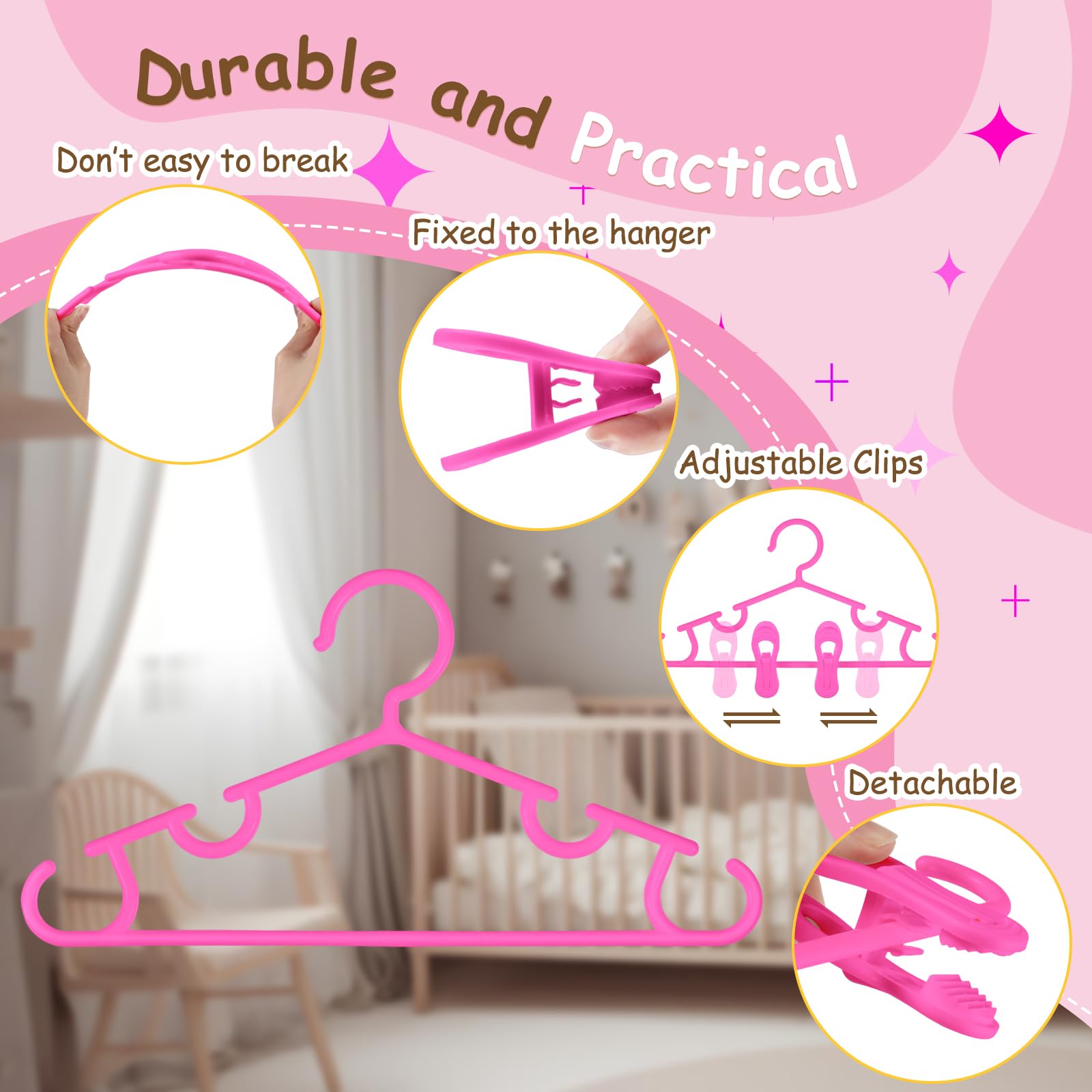 Hsei 120 Packs Baby Hangers With Clips Toddler Hangers Kids Hangers With Clips For Pants Closet Coat Skirts Socks (Pink)