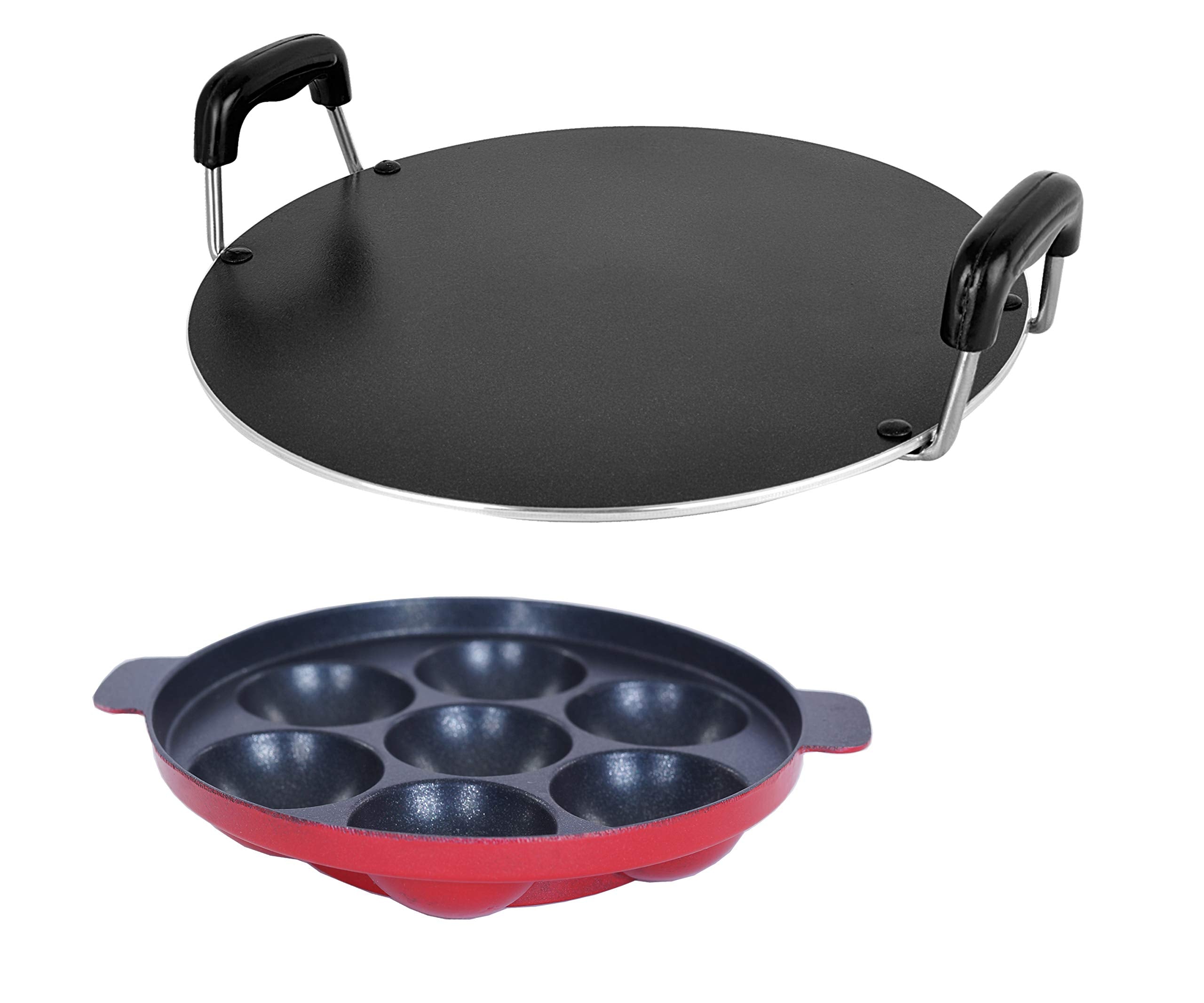 Nirlon NonStick Aluminium Kitchen Cooking Essential Combo Gift Set, Appampatram 7 Cavity, Round Tawa